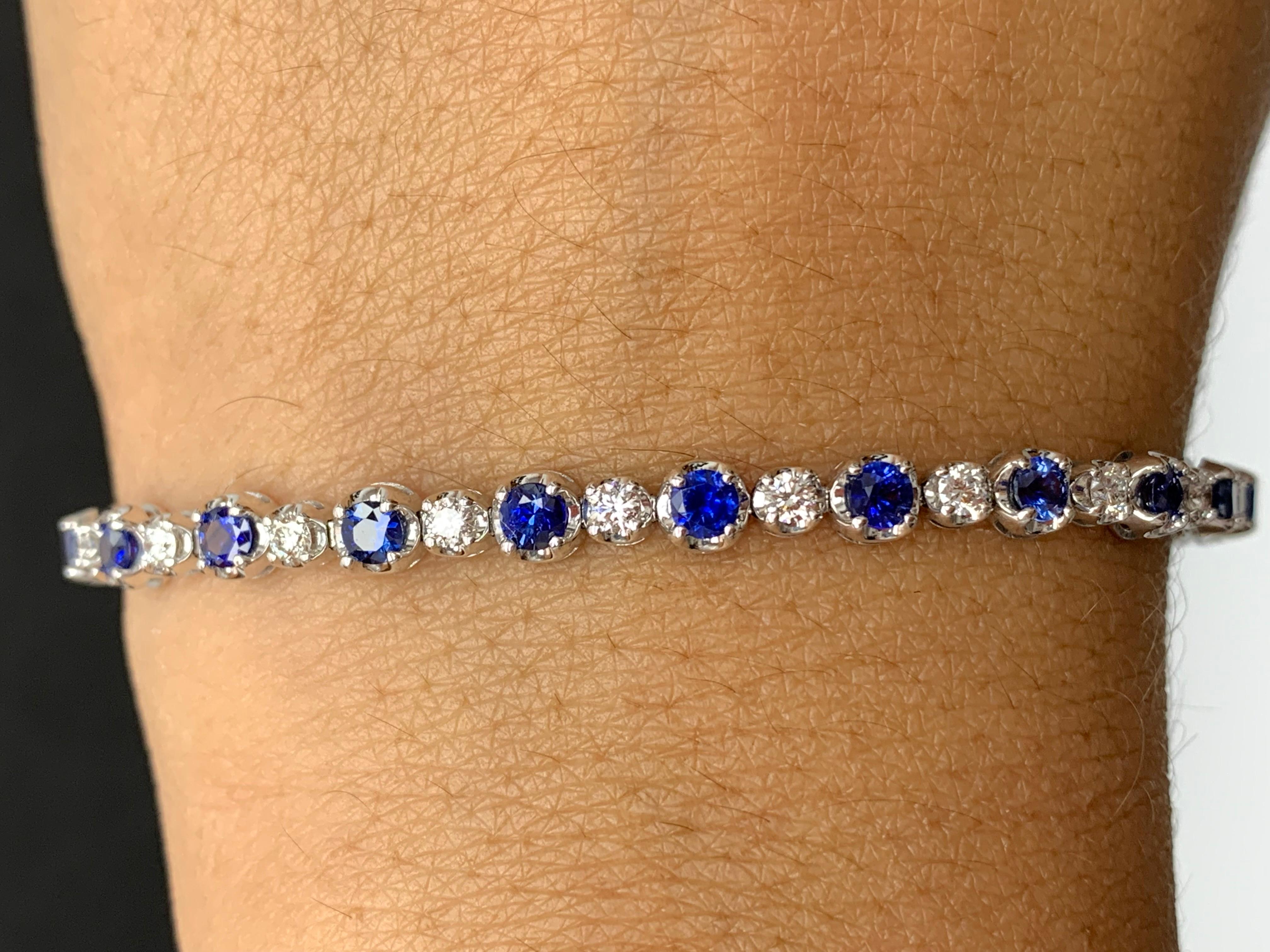 2.96 Carat Round Blue Sapphire and Diamond Bracelet in 14k White Gold For Sale 2
