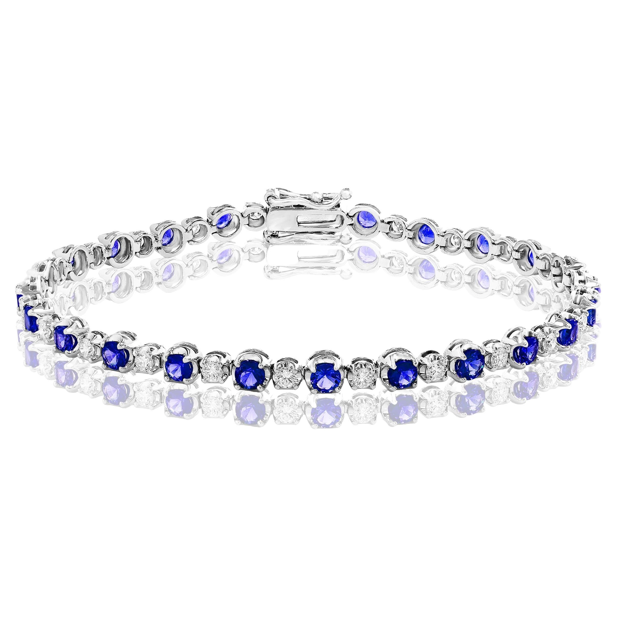 2.96 Carat Round Blue Sapphire and Diamond Bracelet in 14k White Gold For Sale