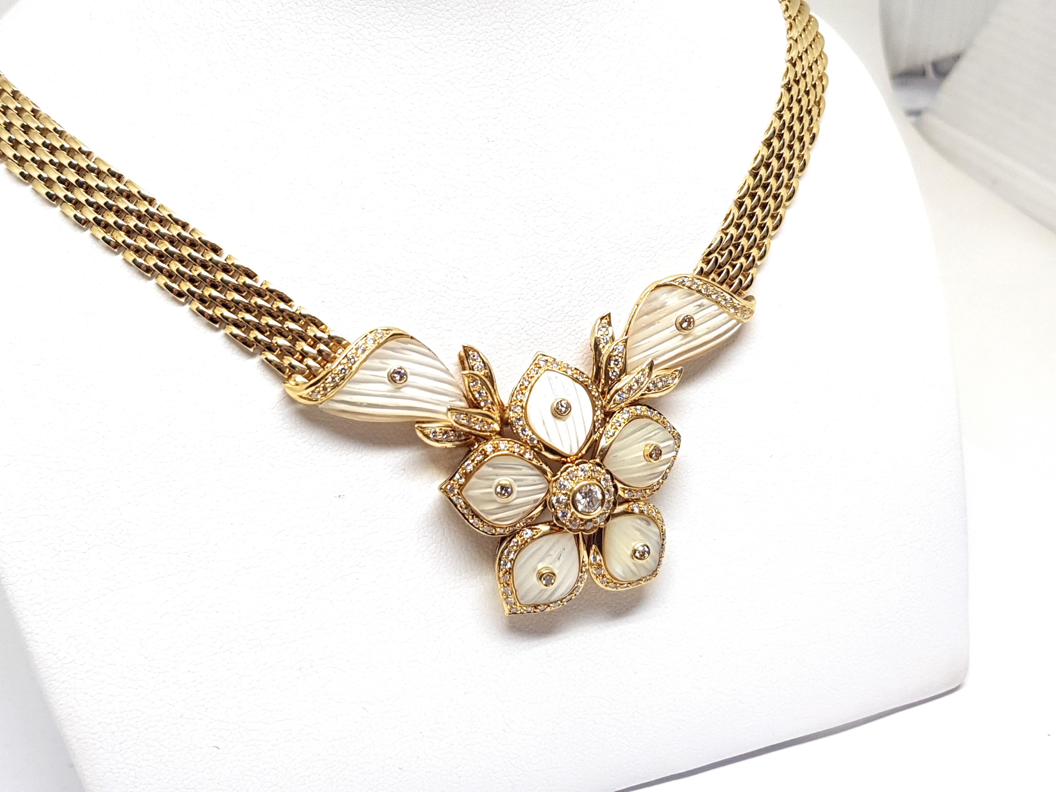 2.96 Carat Yellow Gold Diamond Mother of Pearl Necklace For Sale 4