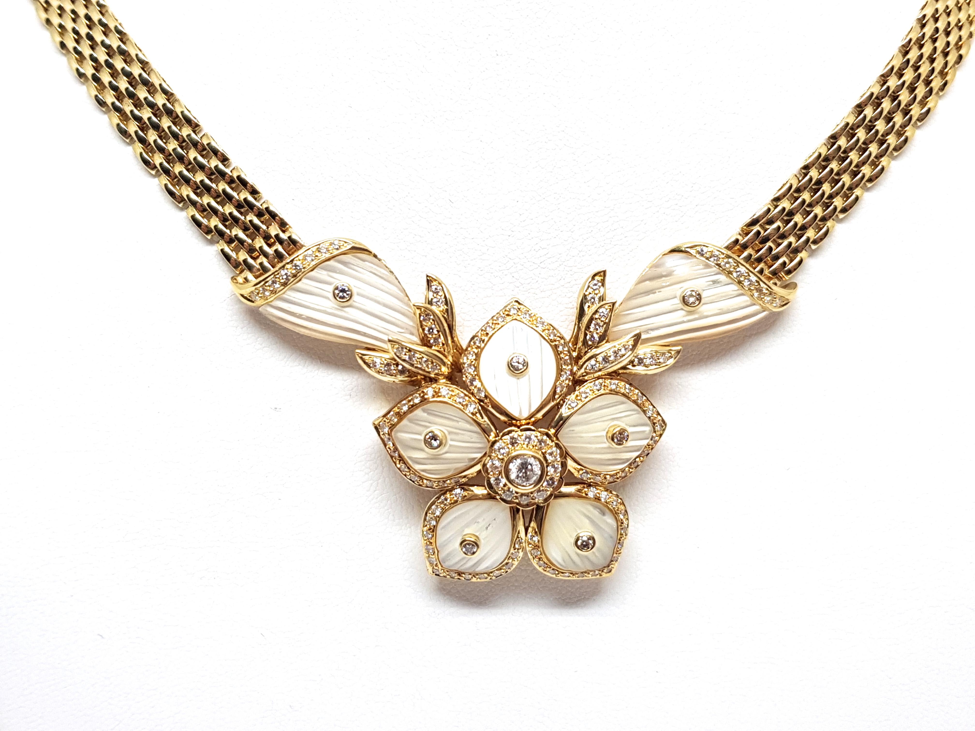 2.96 Carat Yellow Gold Diamond Mother of Pearl Necklace For Sale 5