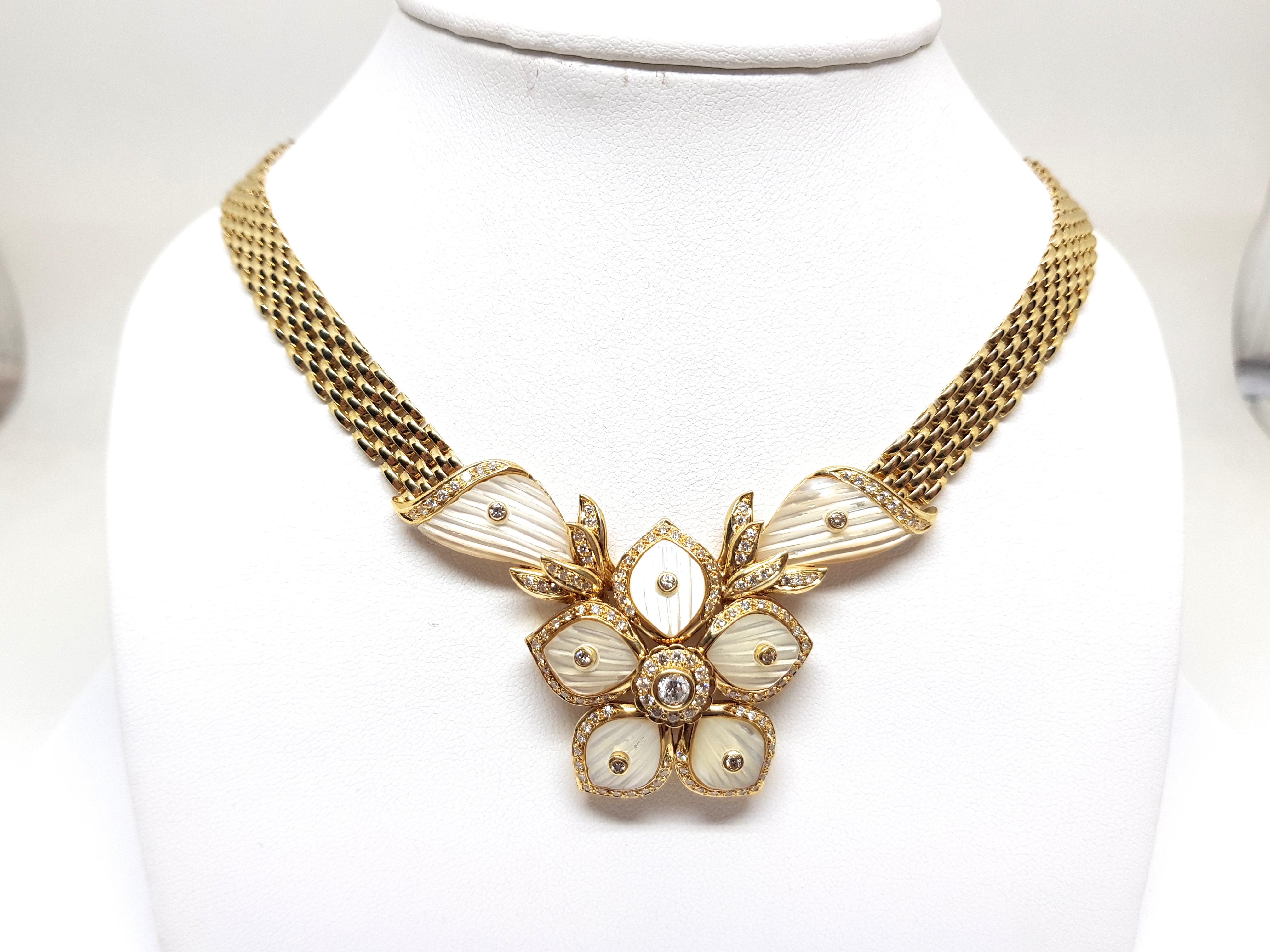 2.96 Carat Yellow Gold Diamond Mother of Pearl Necklace For Sale 6