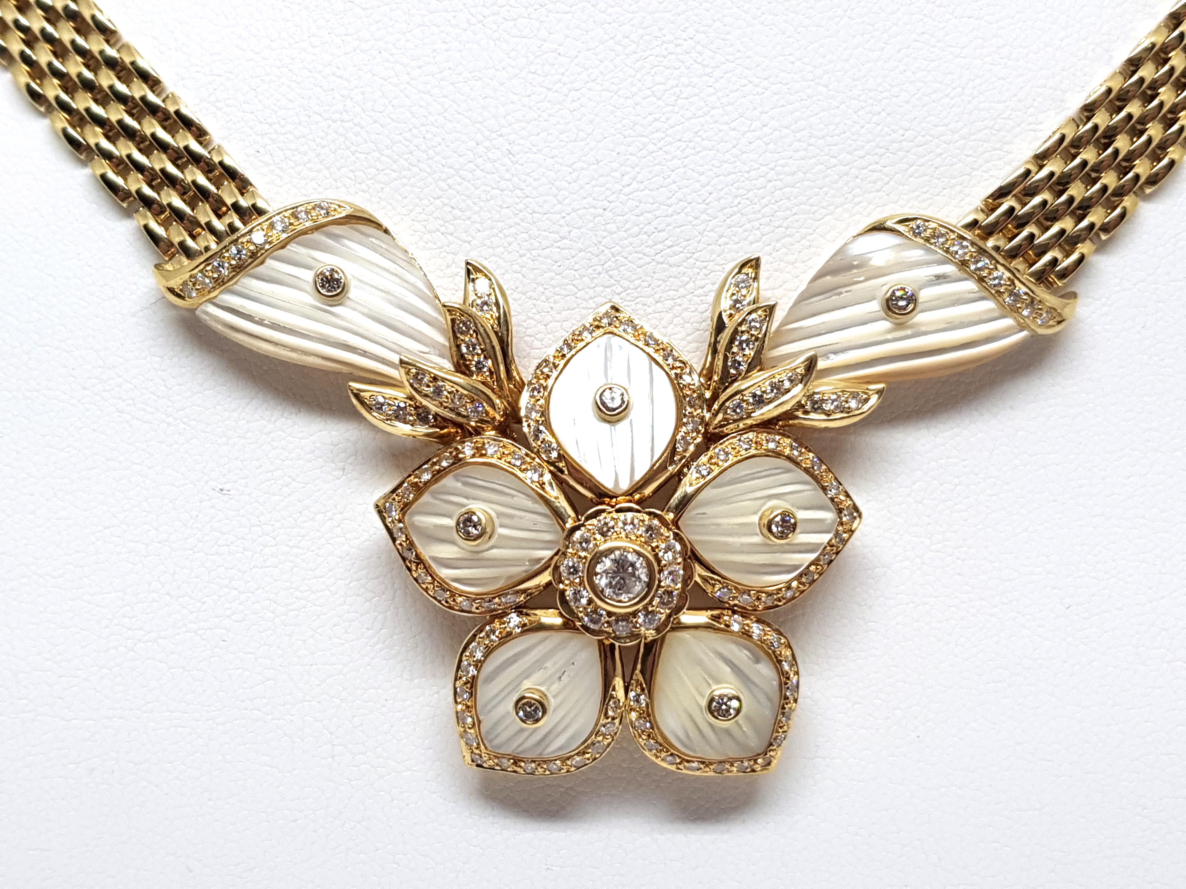 Round Cut 2.96 Carat Yellow Gold Diamond Mother of Pearl Necklace For Sale