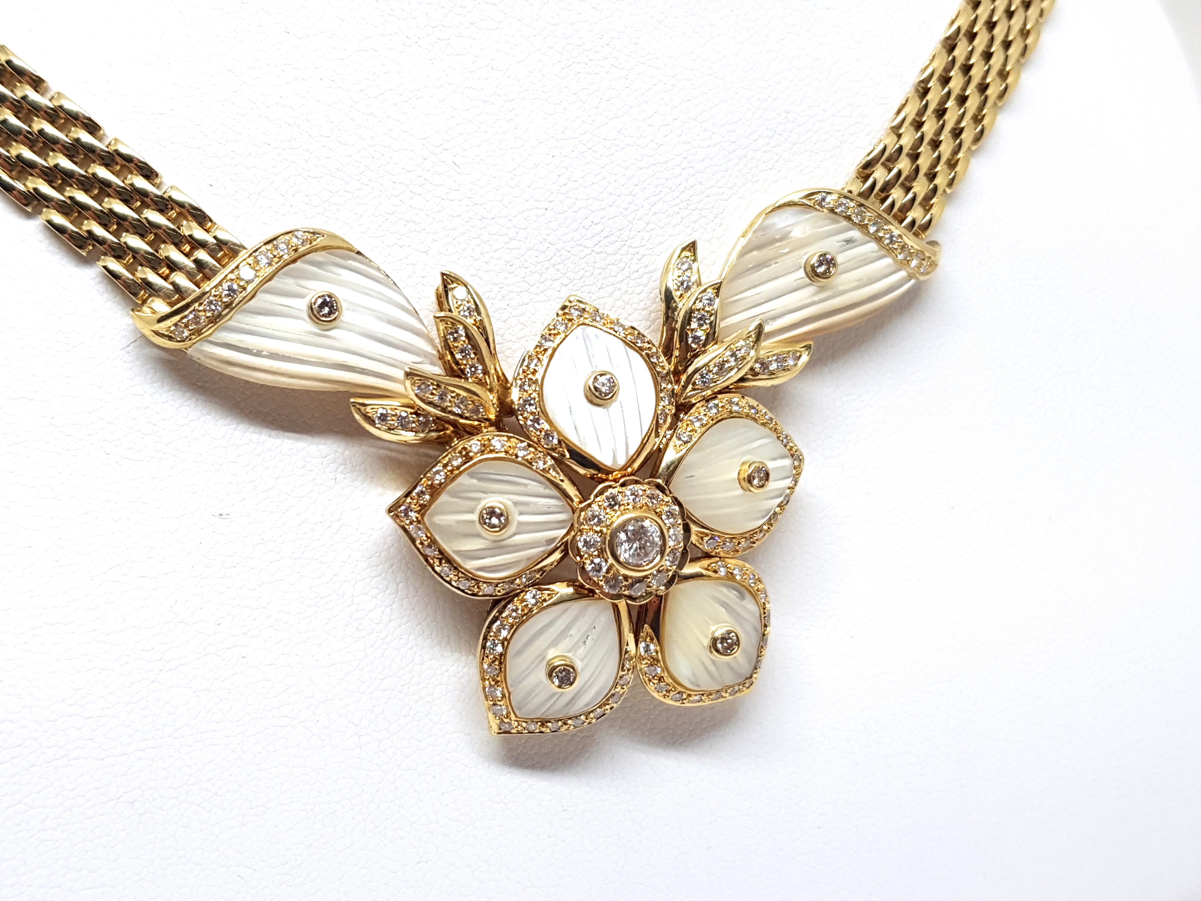 2.96 Carat Yellow Gold Diamond Mother of Pearl Necklace In New Condition For Sale In Antwerp, BE