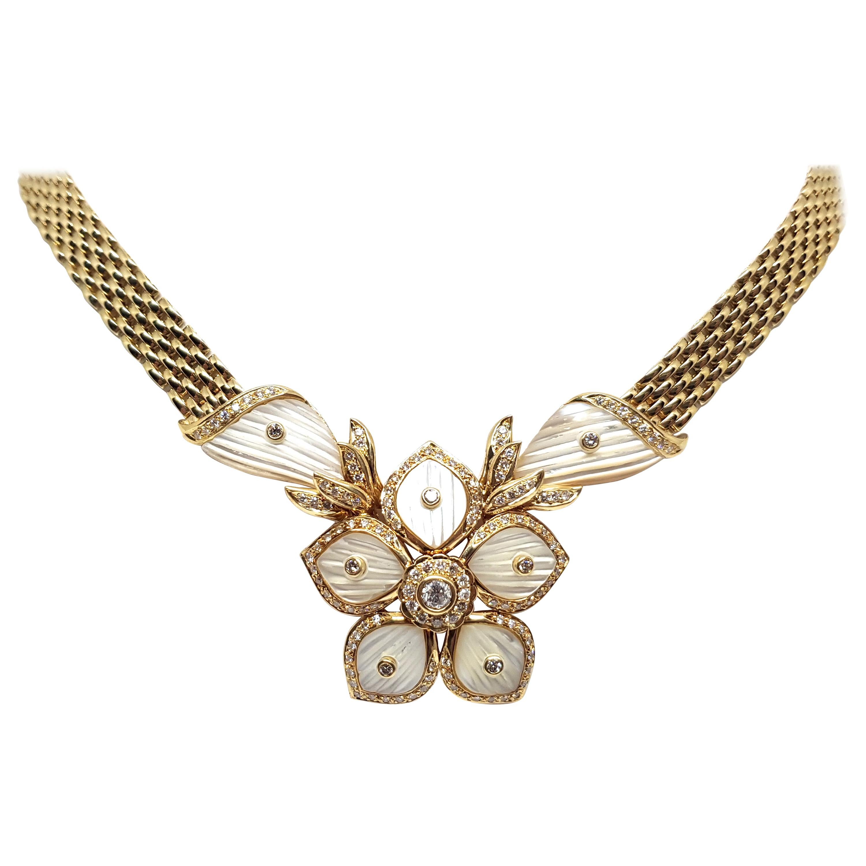 2.96 Carat Yellow Gold Diamond Mother of Pearl Necklace For Sale
