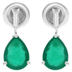 2.96 Carat Zambian Emerald 0.12 Carat SI/H Diamond Earrings 14 Karat White Gold