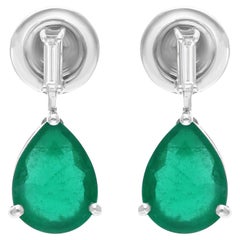 2.96 Carat Zambian Emerald Earrings 0.12 Carat SI/H Diamond 14 Karat White Gold