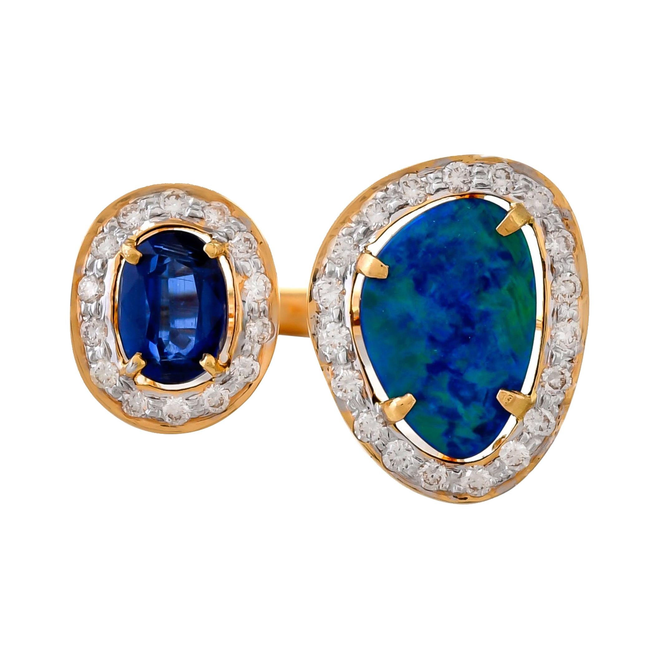 2.96 Carats Australian Blue Opal Kyanite and Diamond 18kt Yellow Gold Ring For Sale