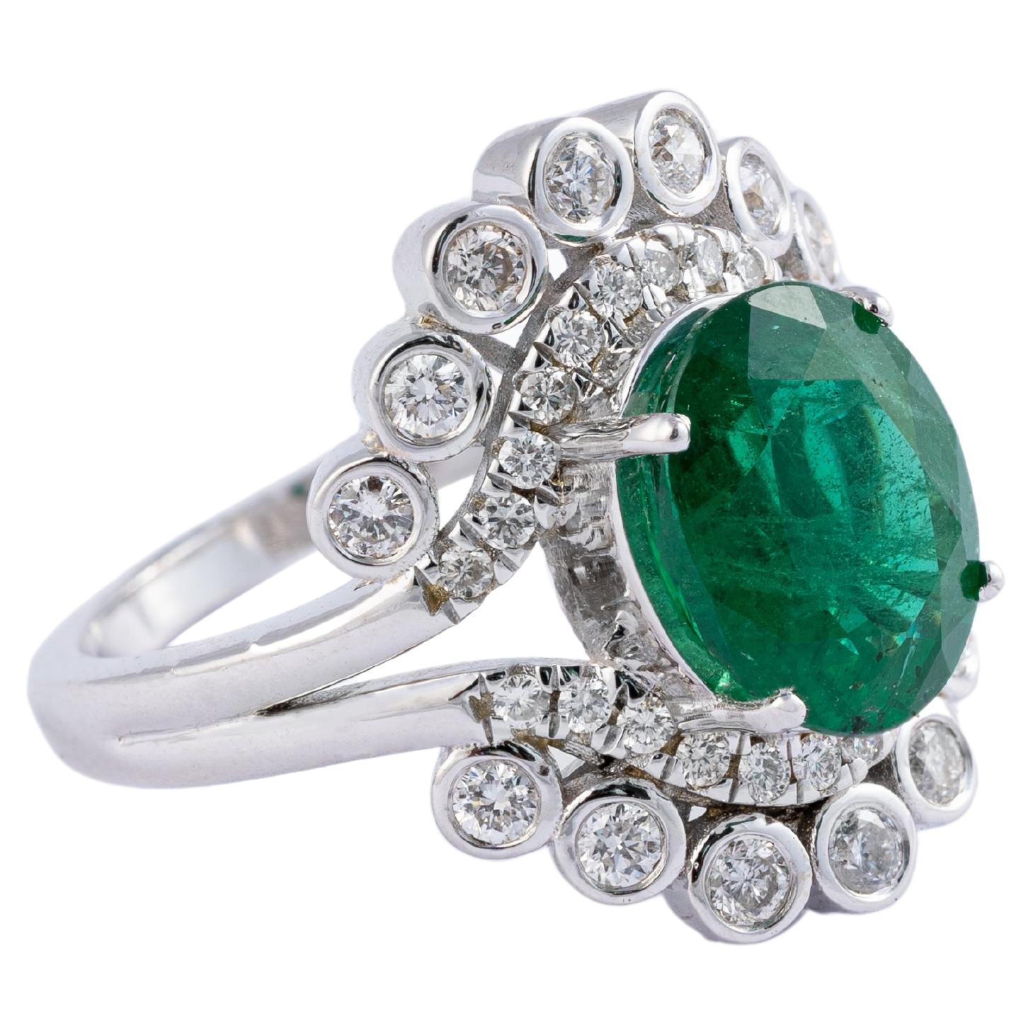2.96 carats Natural Zambian Emerald Ring with Diamonds 0.65 carats  and 14k Gold For Sale