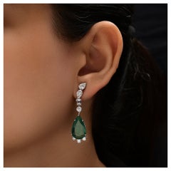 2.96 Ct Natural Diamond & 8.64 Ct Pear Cut Emerald Drop Earrings 18k White Gold
