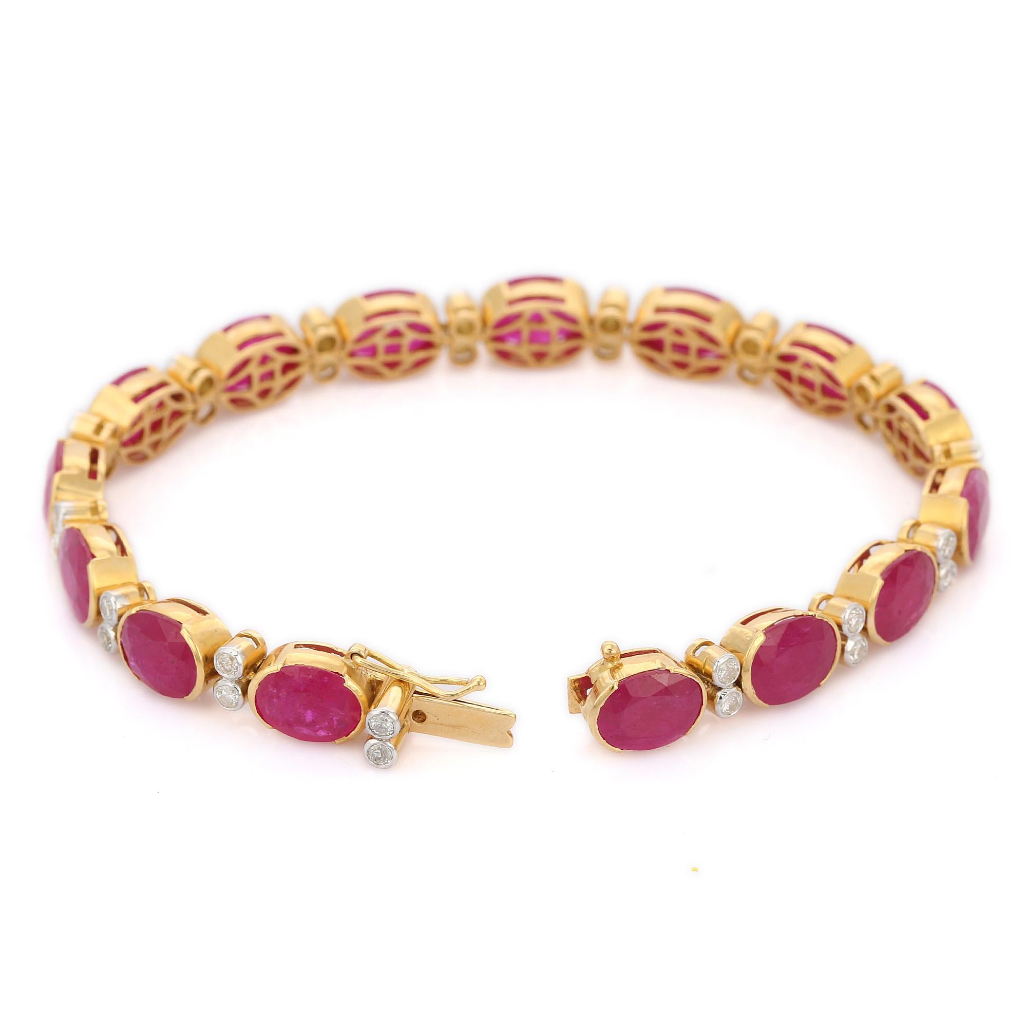 Artist 29.6 Cts Oval Cut Ruby and Diamond Bracelet in 18K Yellow Gold  For Sale