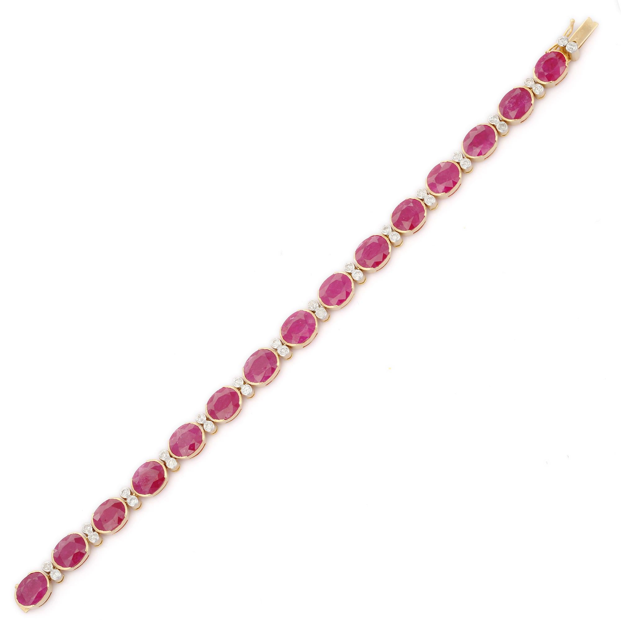 Women's 29.6 Cts Oval Cut Ruby and Diamond Bracelet in 18K Yellow Gold  For Sale