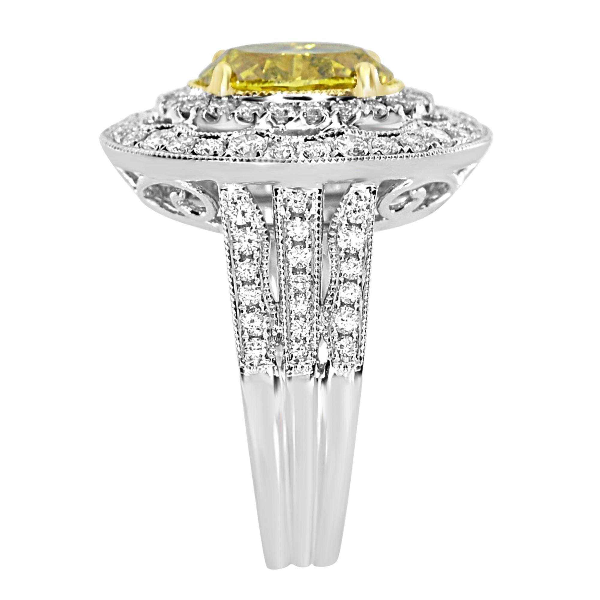 2.96 fancy yellow diamond ring with gia cert
Center stone: 1 stone 2.01 ct oval natural fancy yellow diamond
white diamonds: 90 stones for a total of .95 cts
Gia: fancy vivid orangy yellow i1 clarity
Gia number: 6197215853
