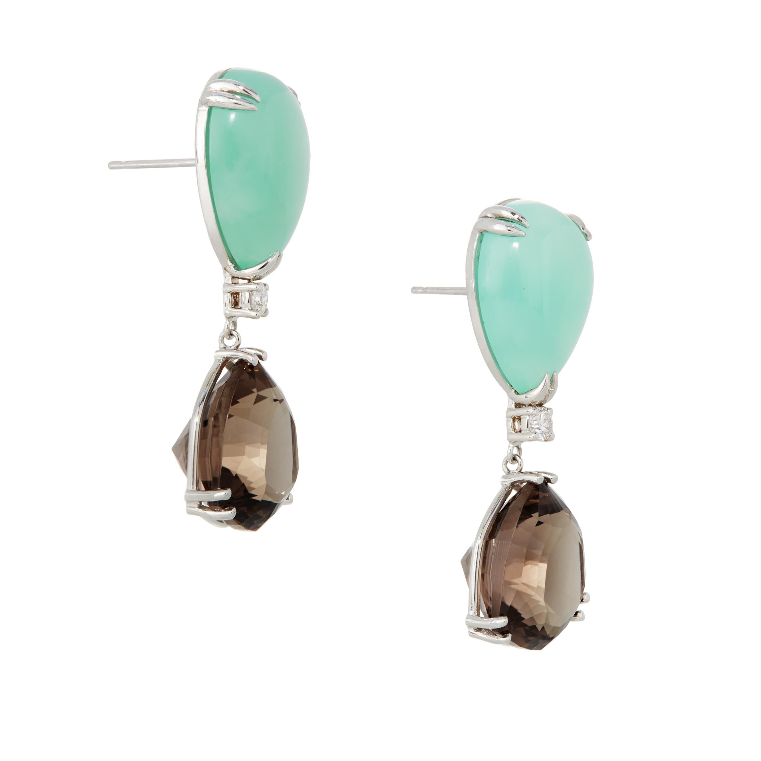 Modern 29.60 Carats Chrysoprase, Smoky Quartz, and Diamond Earrings in Platinum For Sale