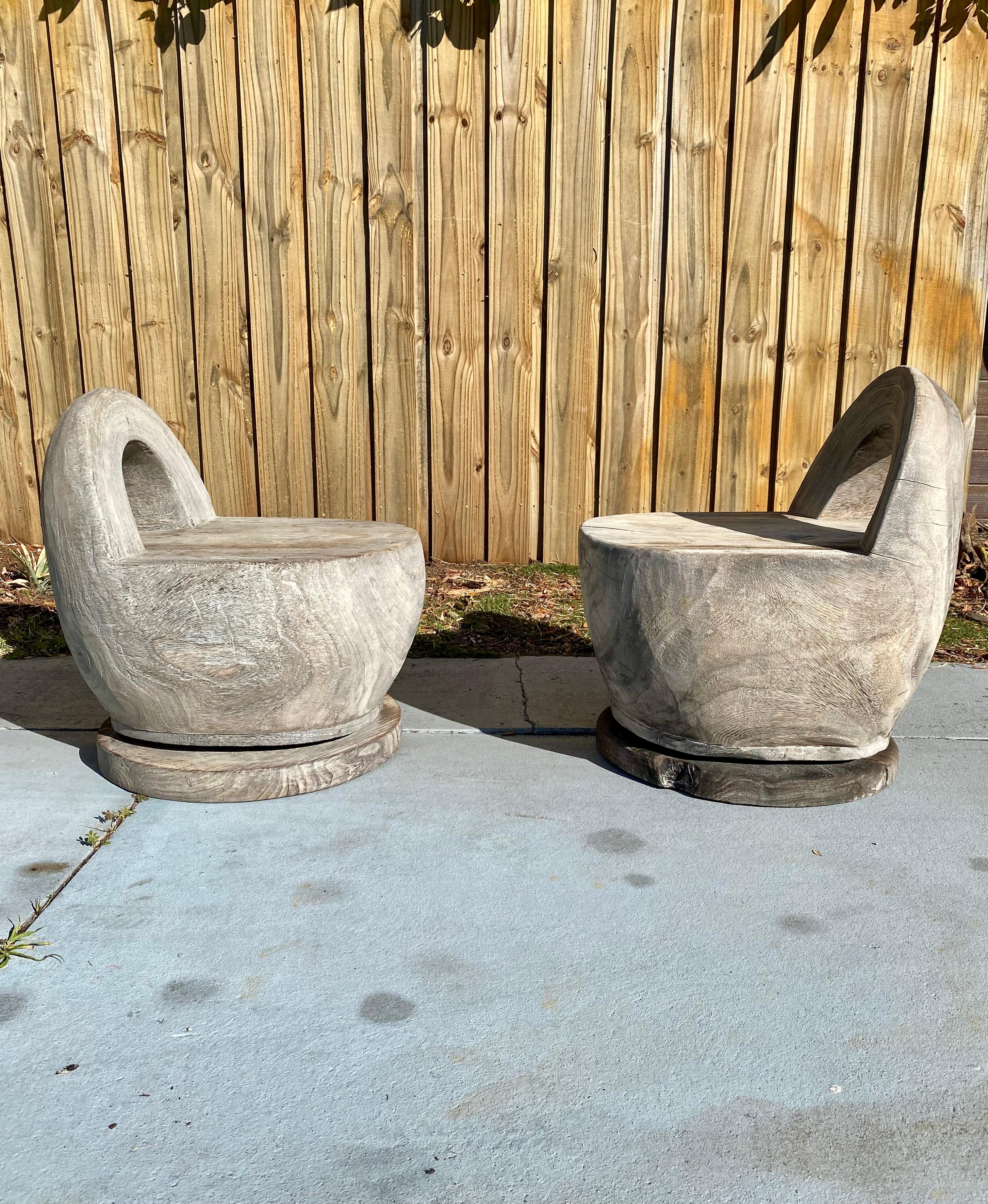 1950s Organic Wood Sculptural Cerused Oak Barrel Curved Swivel Chairs, Set of 2 For Sale 8