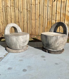 1950s Organic Wood Sculptural Cerused Oak Barrel Curved Swivel Chairs, Set of 2