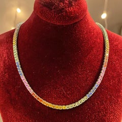 29.62 Carat Natural Multi Sapphire Rainbow Tennis Necklace in 18K Yellow Gold