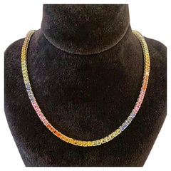 29.62 Carat Natural Multi Sapphire Rainbow Tennis Necklace in 18K Yellow Gold