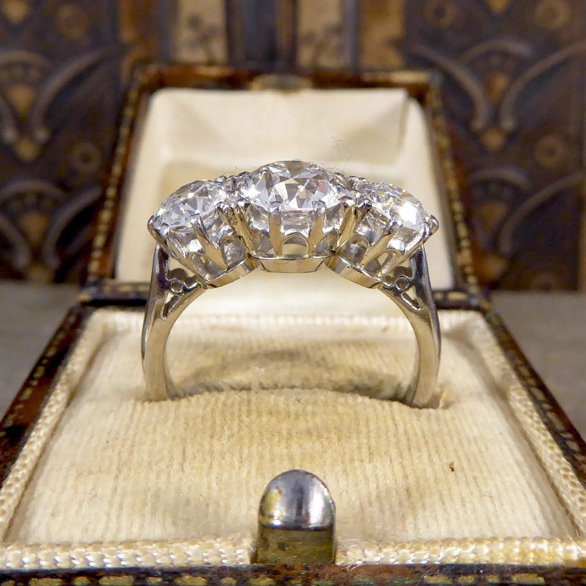 2.96 Carat Old European Cut Diamond Three-Stone Ring Set in Platinum 2