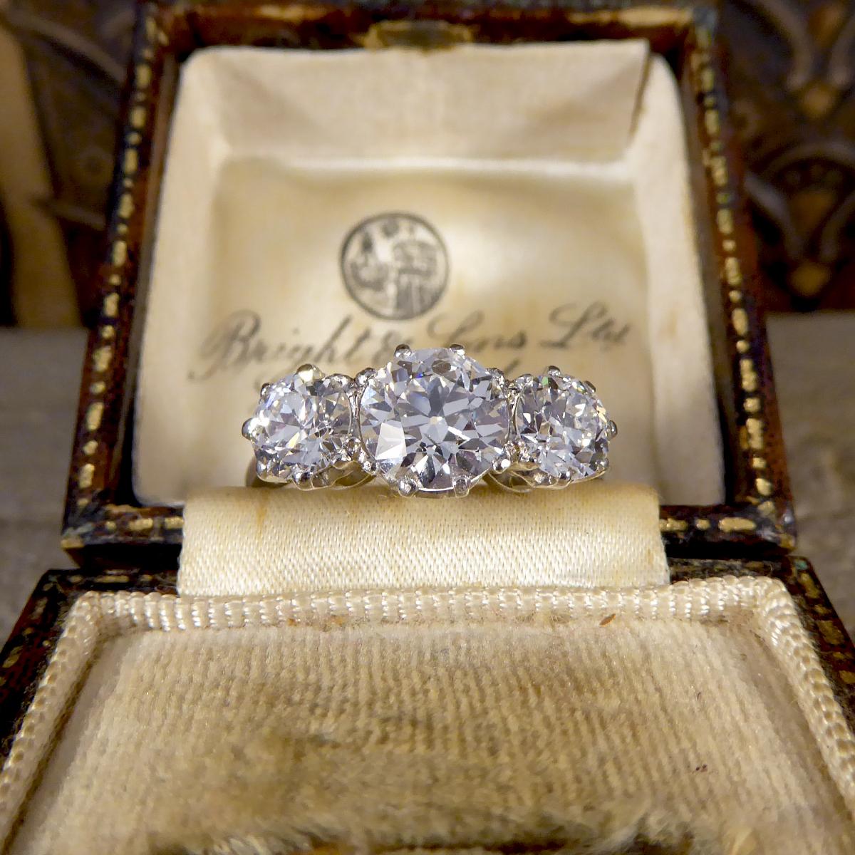 2.96 Carat Old European Cut Diamond Three-Stone Ring Set in Platinum 1