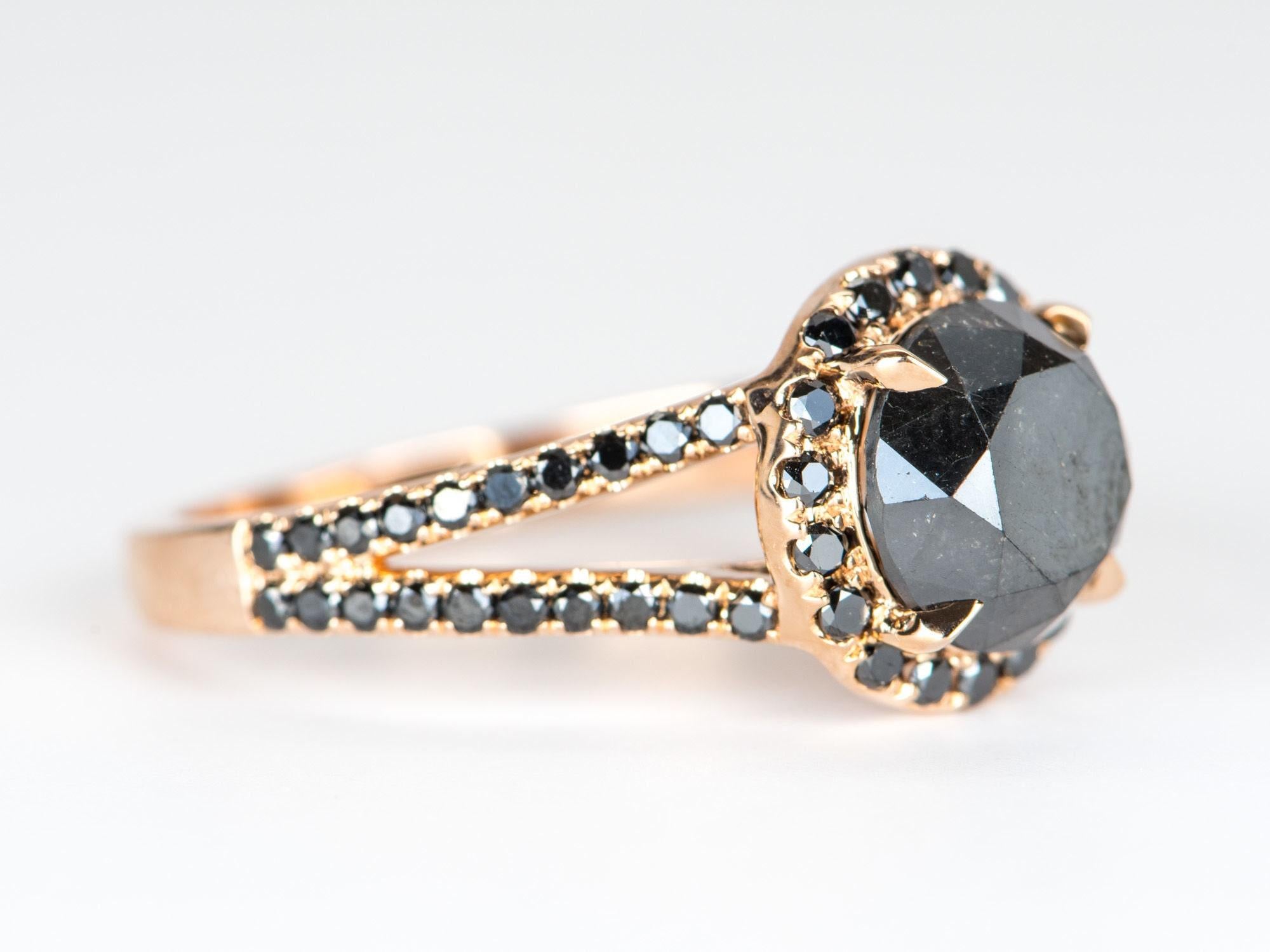 ♥ 2.96ct Round Black Diamond with Halo and Pave Band 14K Rose Gold Engagement Ring
♥ Solid 14k rose gold ring set with a beautiful round-shaped diamond
♥ Gorgeous black color!
♥ The item measures 10.8 mm in length, 10.6 mm in width, and stands 7.9
