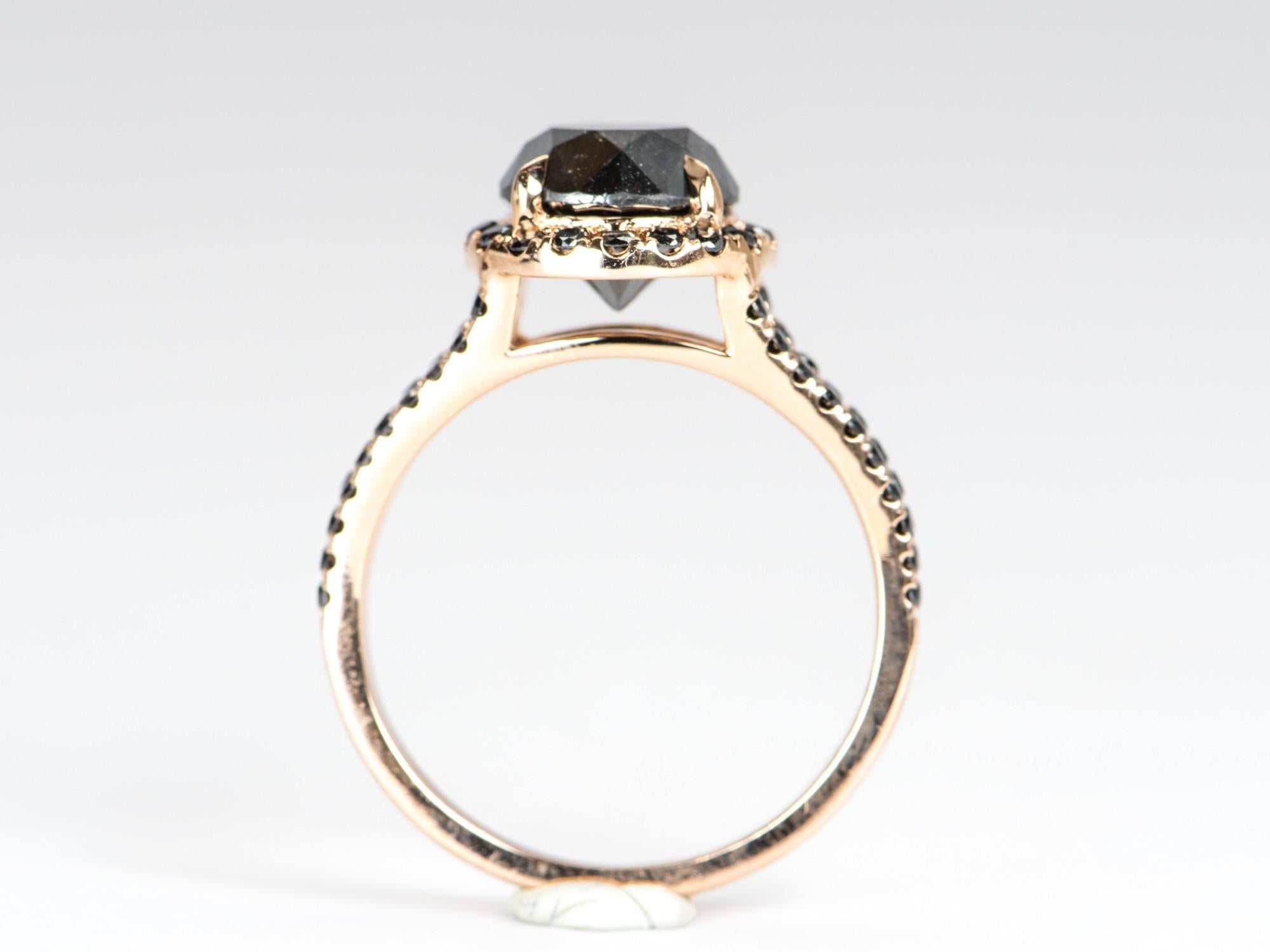 Round Cut 2.96ct Round Black Diamond Halo and Pave Band 14K Gold Engagement Ring R6336 For Sale