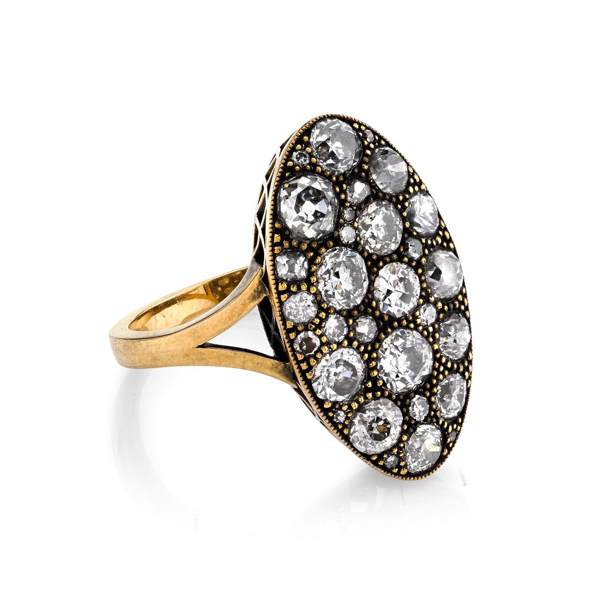 2.96ctw varying old cut and round brilliant cut diamonds in a handcrafted 18k oxidized yellow gold mounting. 

Price may vary according to total diamond weight. 

Ring is currently size 6. Please contact us about potential re-sizing.

Our jewelry is