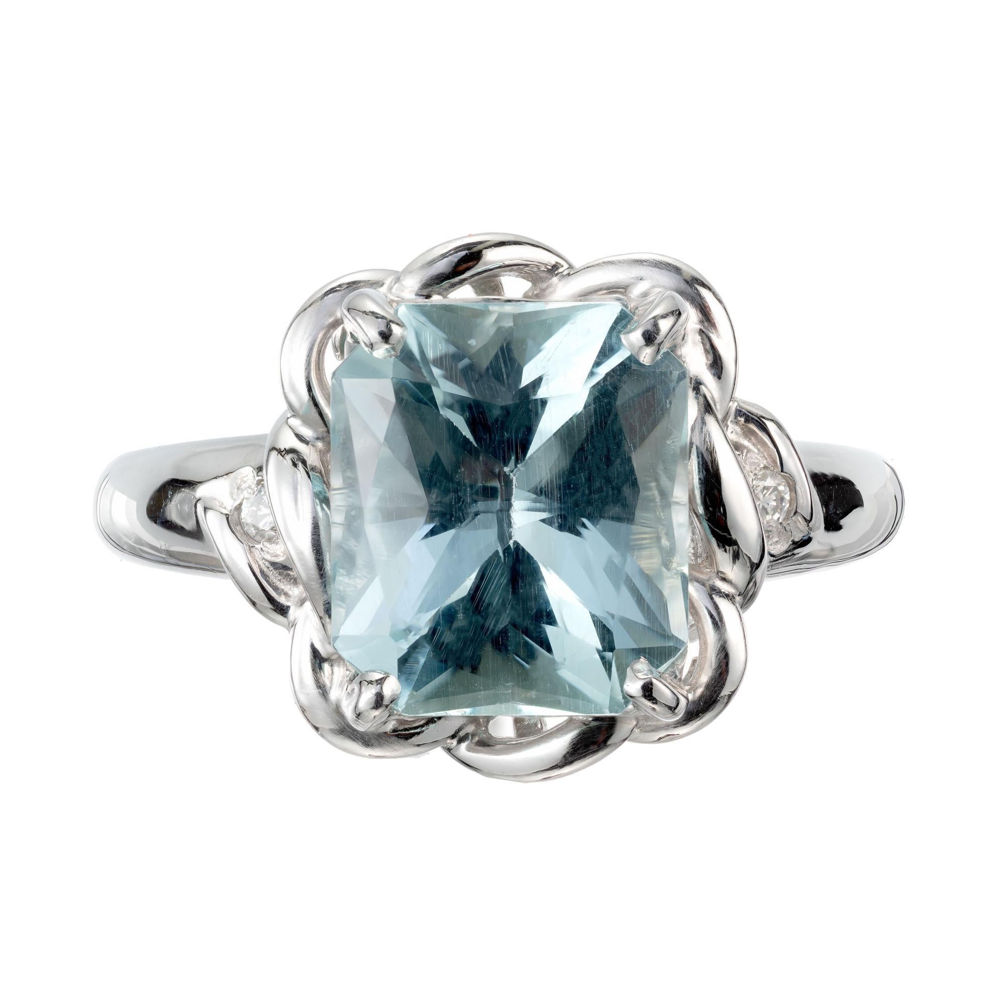 Vintage 1950 2.97 carat natural aqua emerald cut platinum diamond ring

1 cut cornered rectangular greenish blue aquamarine, approx. 2.97cts
2 round brilliant cut diamond H VS, approx. .3ct
Size 6 and sizable
Platinum 
Stamped: PT900
8.7 grams
Width