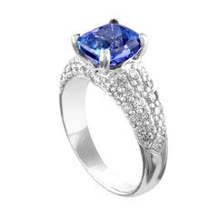 2.97 Carat Cushion Tanzanite Diamond Gold Pave Ring