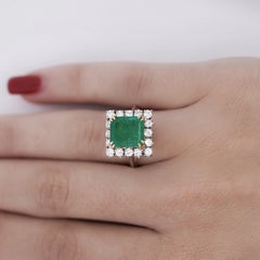 2.97 Carat Emerald Cut Emerald & Diamond Halo 18K White Gold Vintage-Style Ring