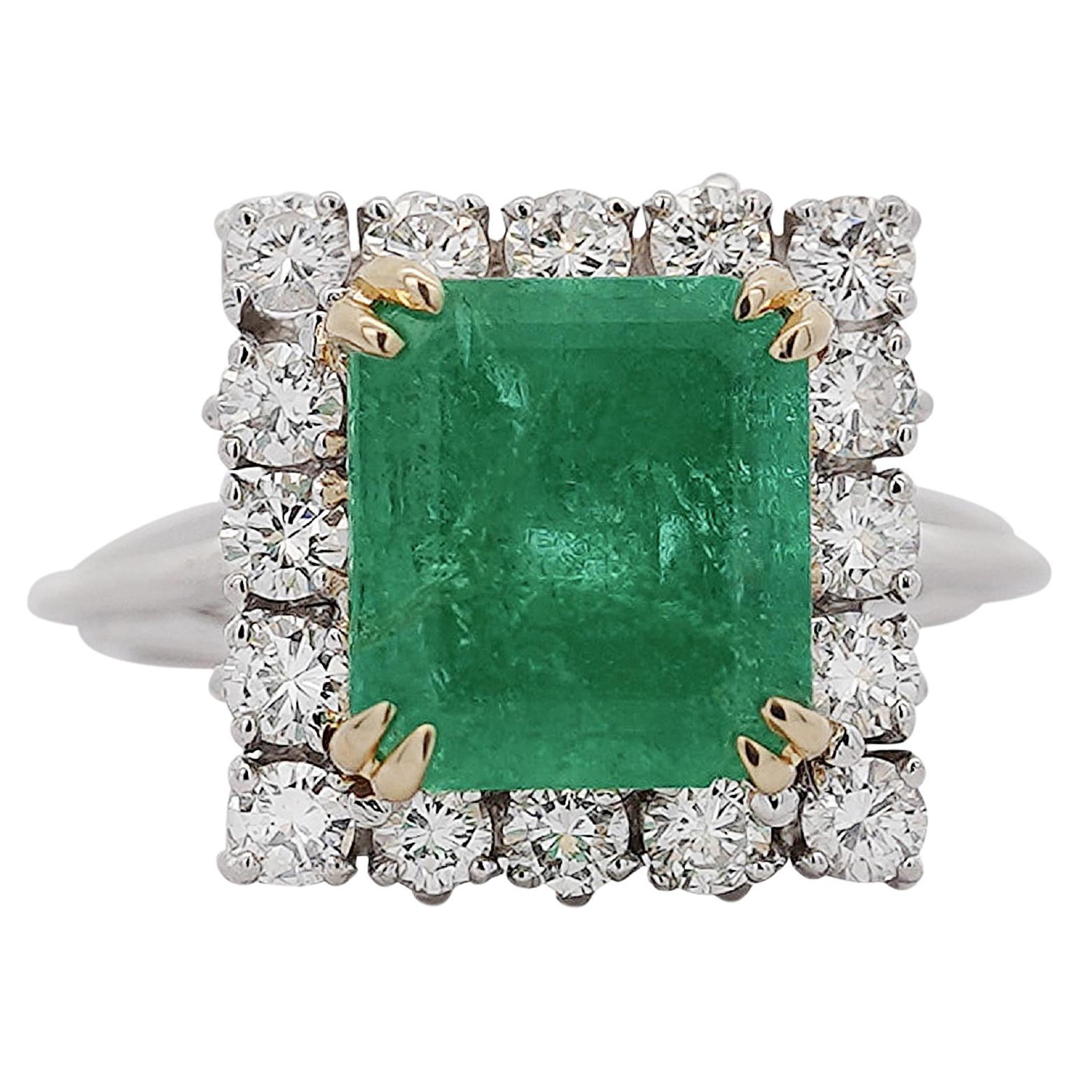 2.97 Carat Emerald Cut Emerald & Diamond Halo 18K White Gold Vintage-Style Ring
