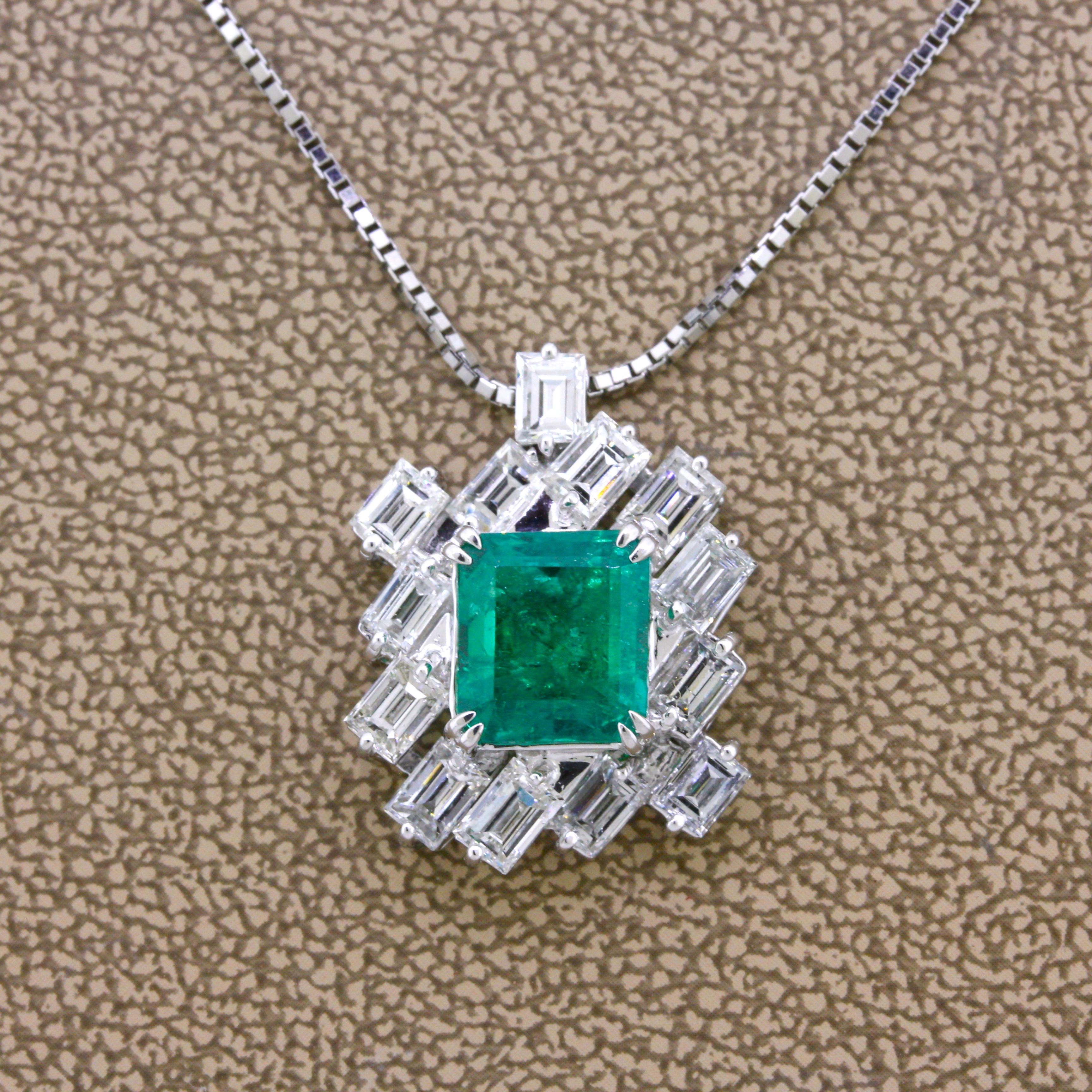 An exceptional emerald weighing just shy of 3 carats (2.97) takes center stage of this dazzling piece. The emerald has a rich vivid grass green color along with excellent brightness which makes this gem special. Due to the fine color and quality of
