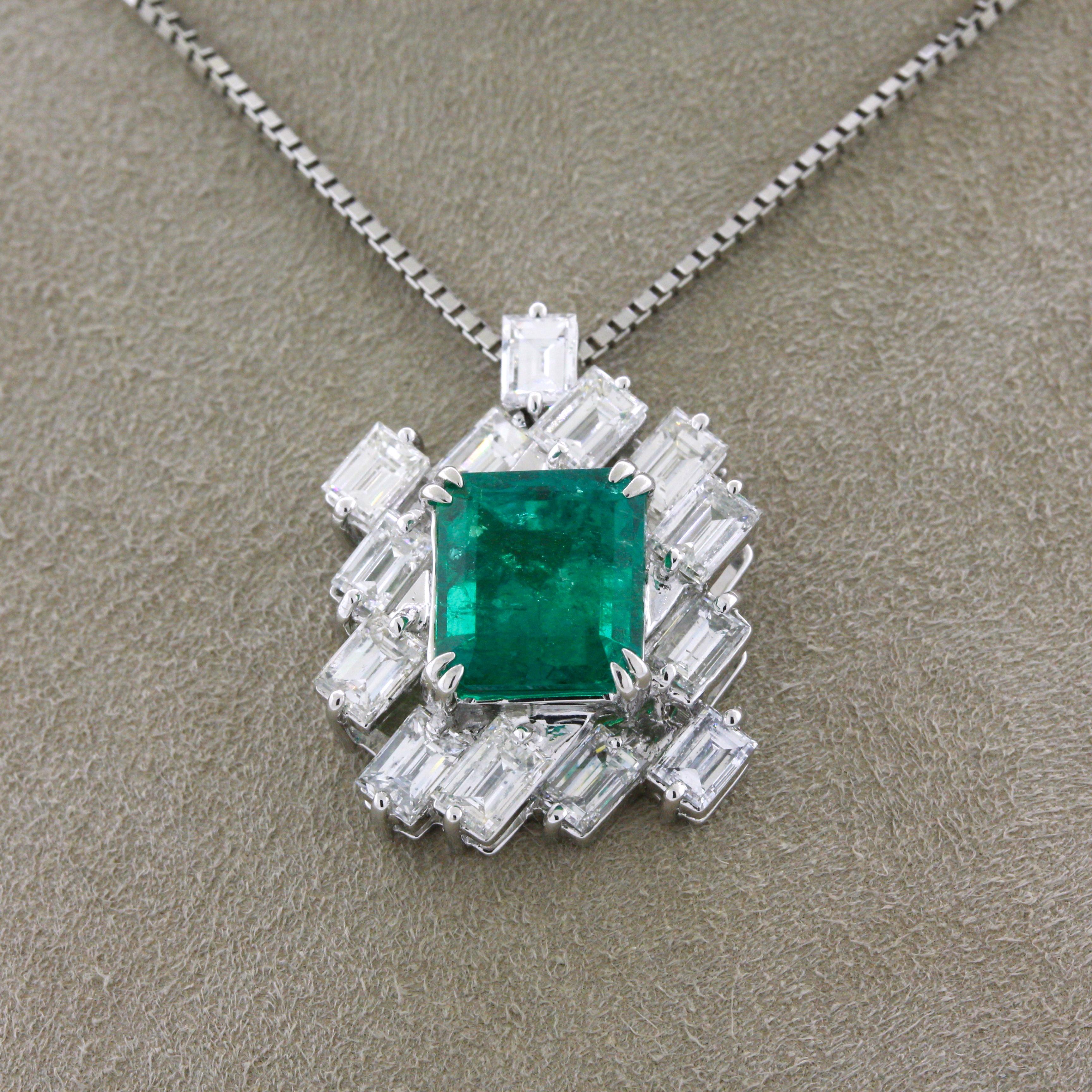 Emerald Cut 2.97 Carat Gem Emerald Diamond Platinum Pendant