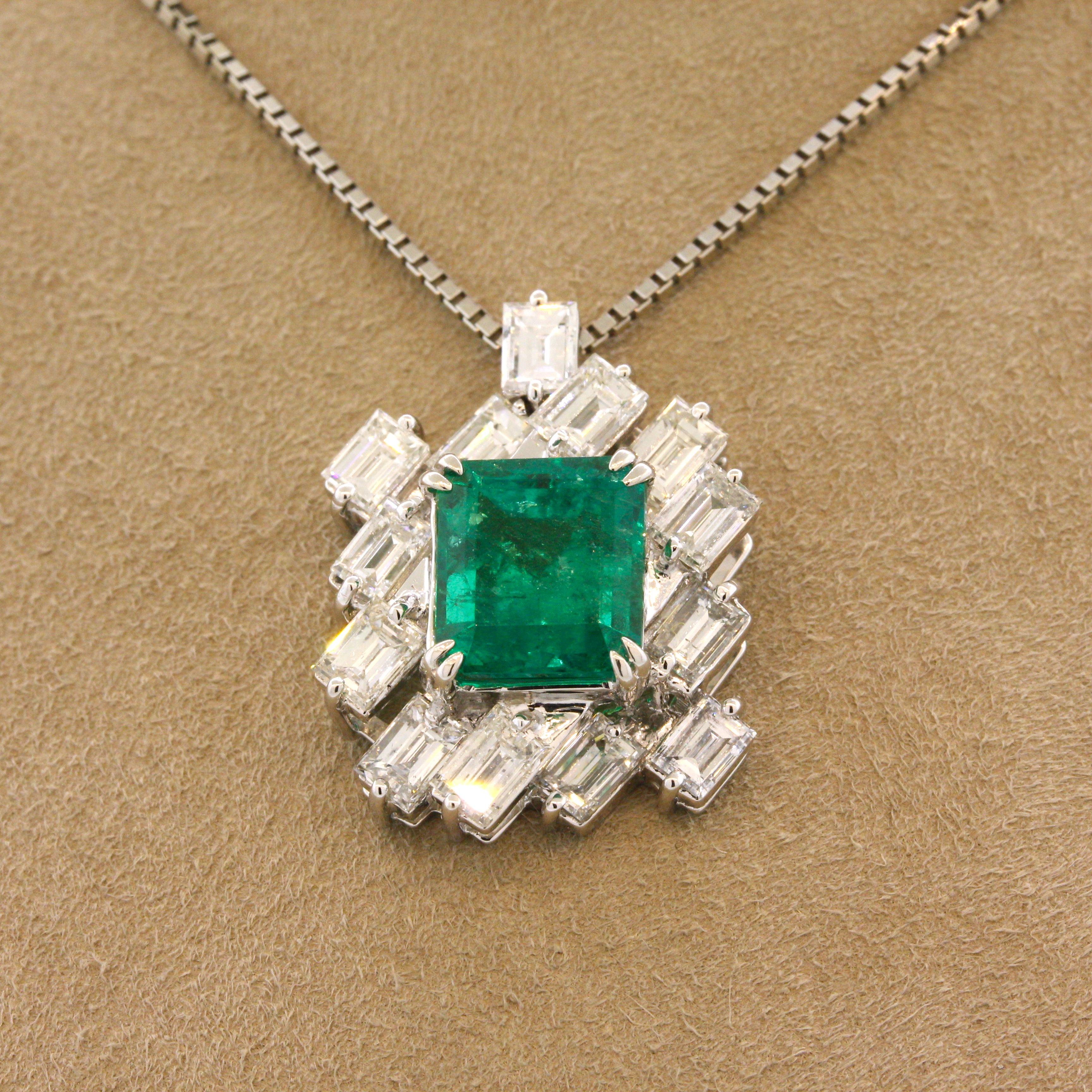 Women's 2.97 Carat Gem Emerald Diamond Platinum Pendant