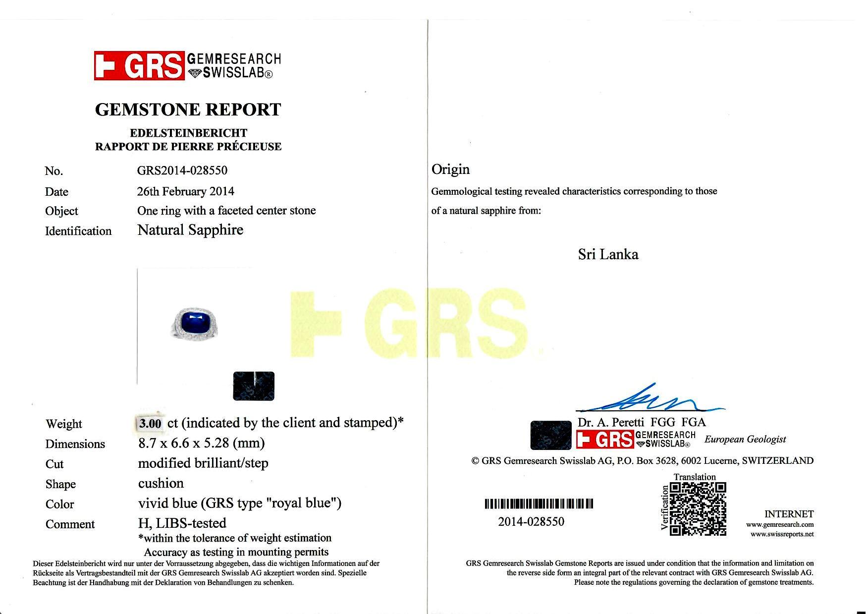 Bague de fiançailles en saphir bleu royal certifié GRS de 2,97 carats et diamants Unisexe en vente
