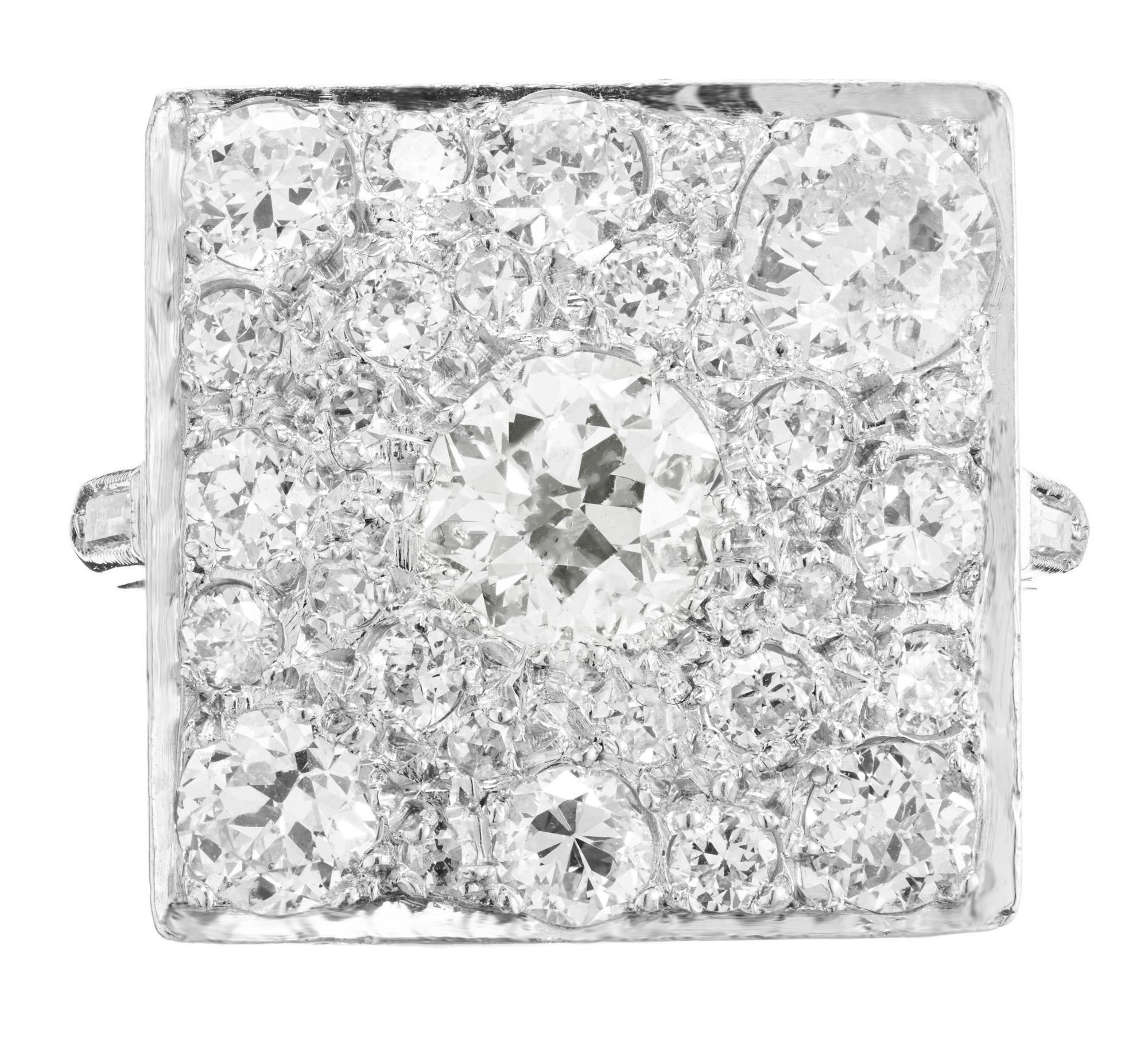 2.97 Carat Old European Cut Diamond Platinum Art Deco Cluster Cocktail Ring For Sale 3