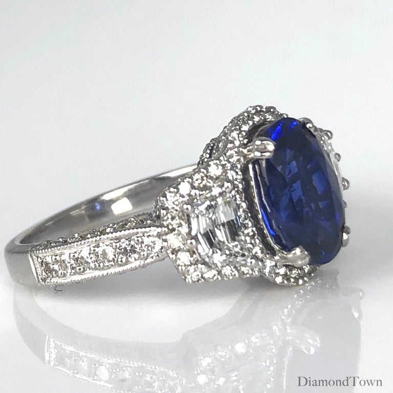 DiamondTown 2.97 Carat Oval Cut Ceylon Sapphire and Diamond Ring In New Condition For Sale In New York, NY