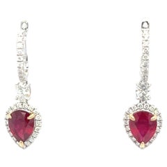 2.97 Carat Pear Cut Ruby Diamond Two Tone Gold Dangle Earrings