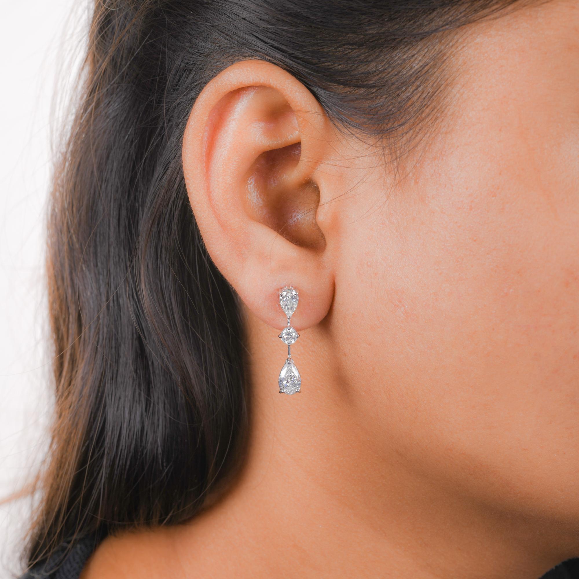 Modern 2.97 Carat Pear & Round Diamond Dangle Earrings 18 Karat White Gold Fine Jewelry For Sale