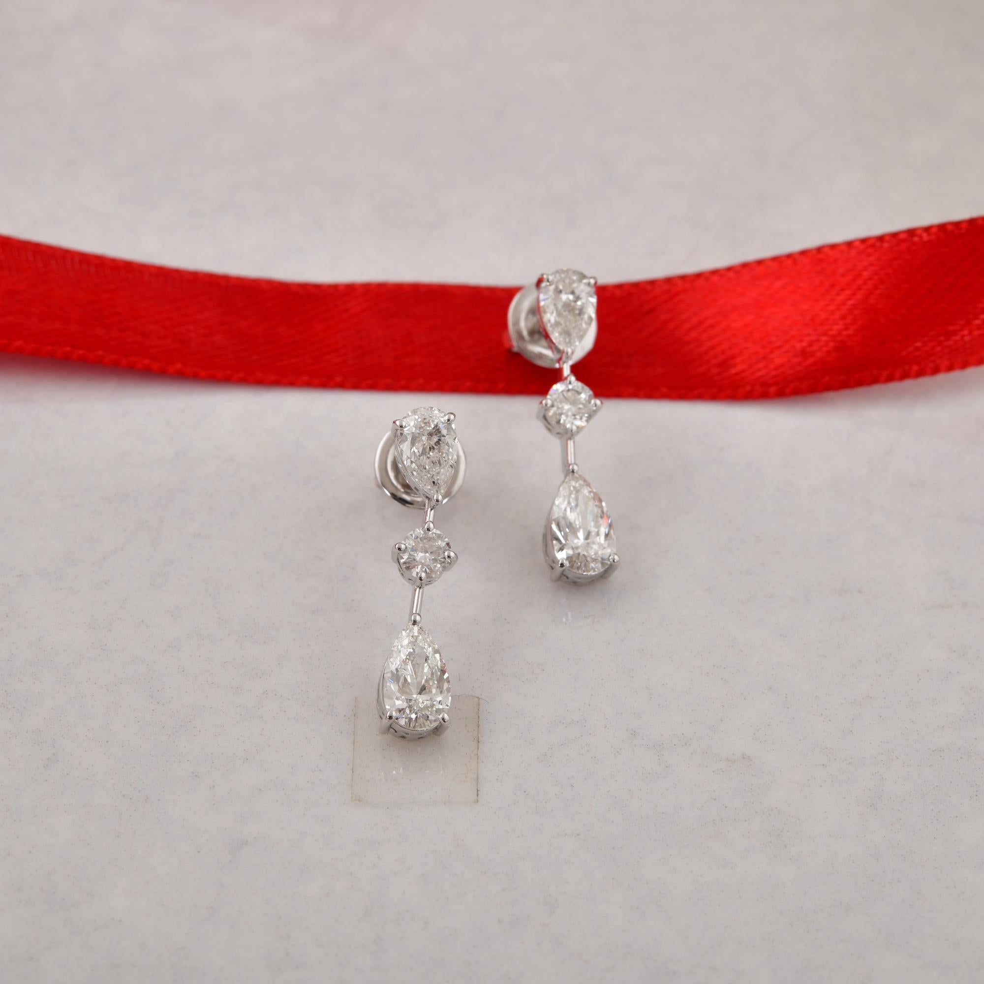 Pear Cut 2.97 Carat Pear & Round Diamond Dangle Earrings 18 Karat White Gold Fine Jewelry For Sale