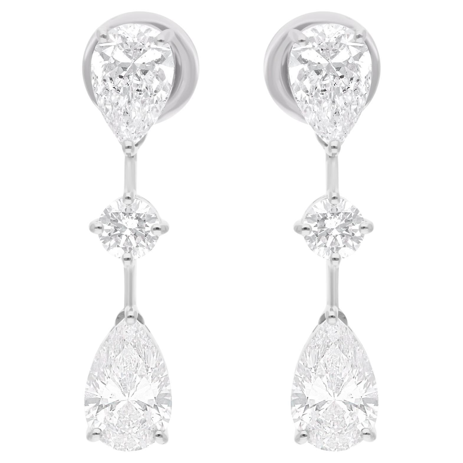 2.97 Carat Pear & Round Diamond Dangle Earrings 18 Karat White Gold Fine Jewelry