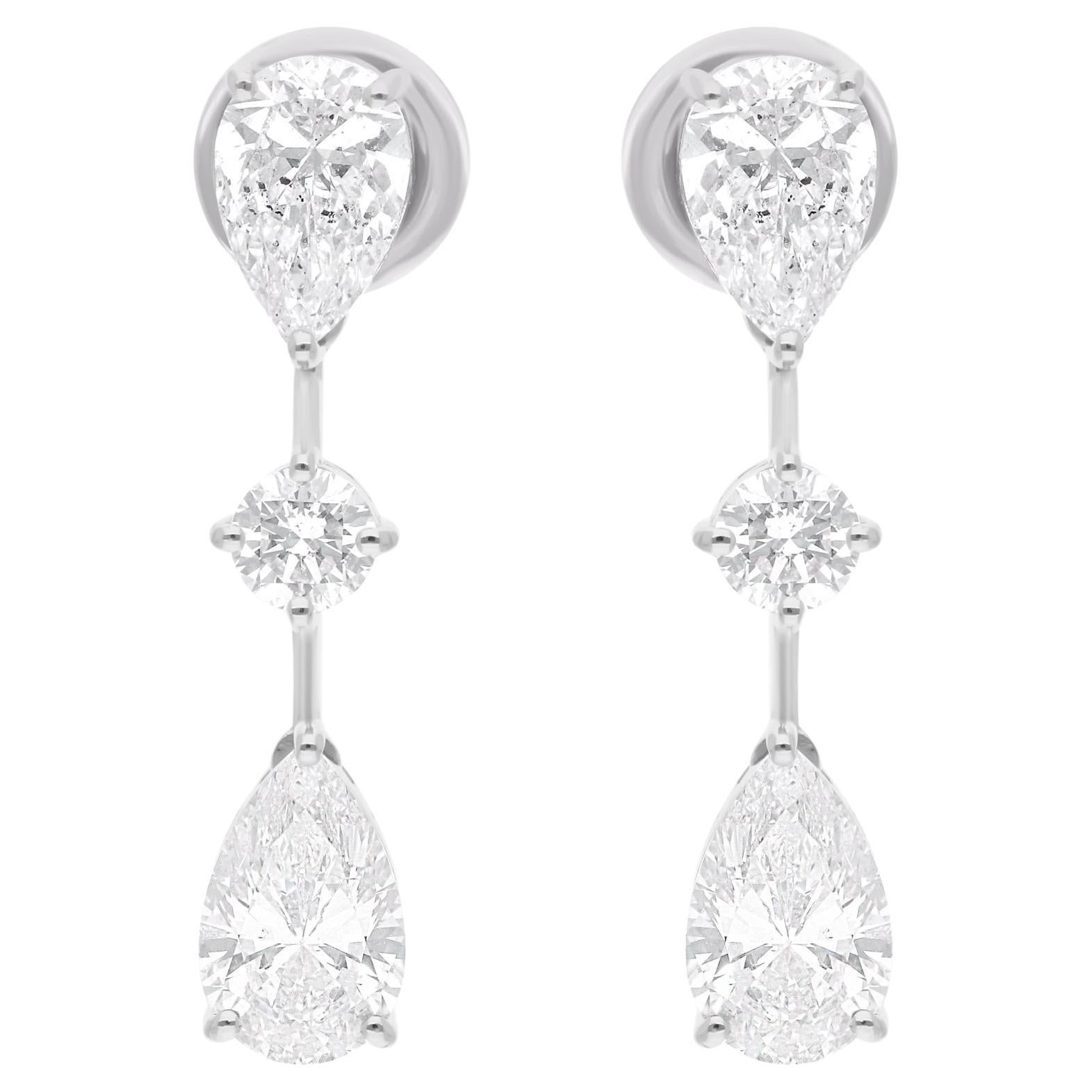 2.97 Carat Pear & Round Diamond Dangle Earrings 18 Karat White Gold Fine Jewelry