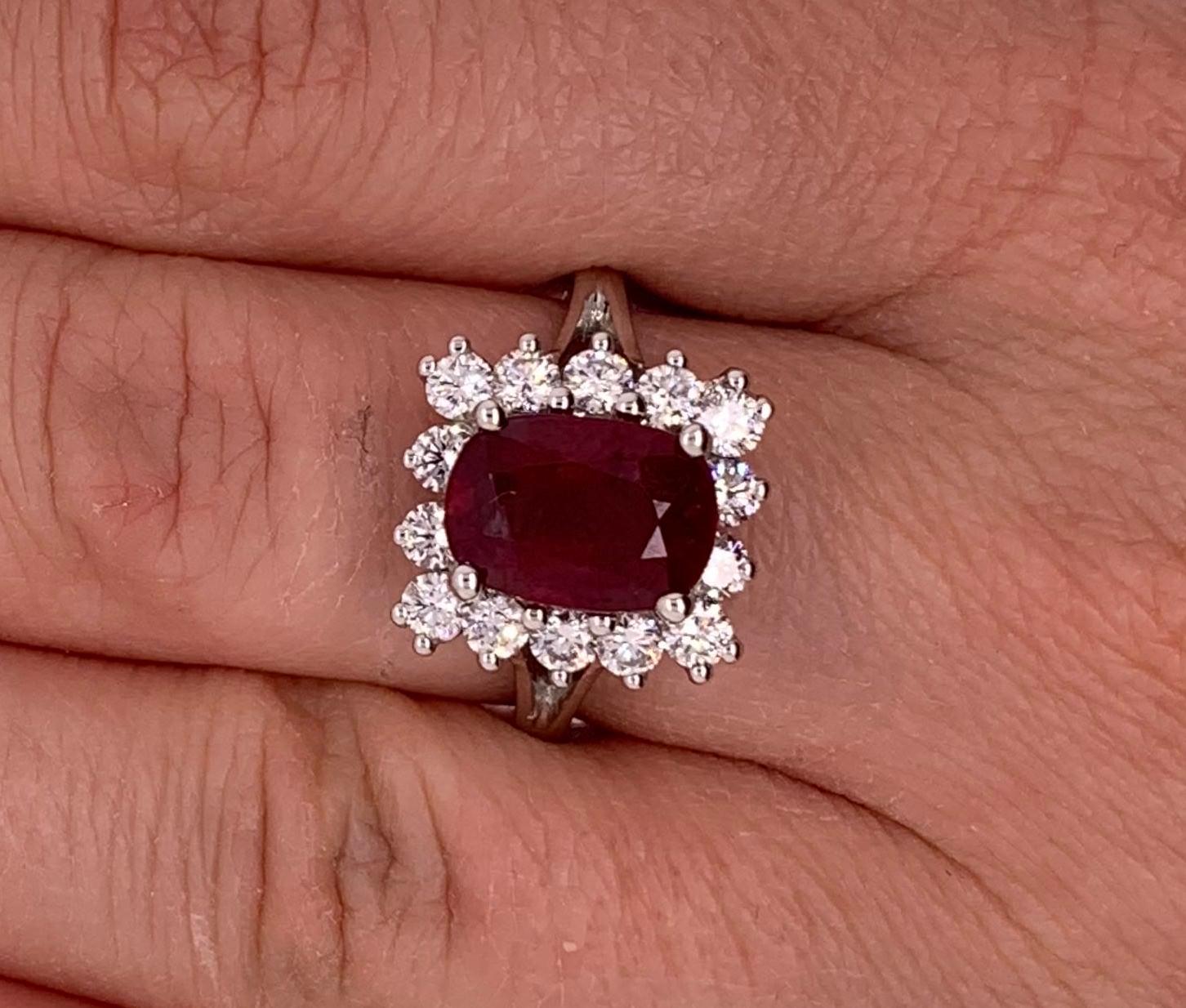 Cushion Cut 2.97 Carat Ruby and Diamond Engagement Ring