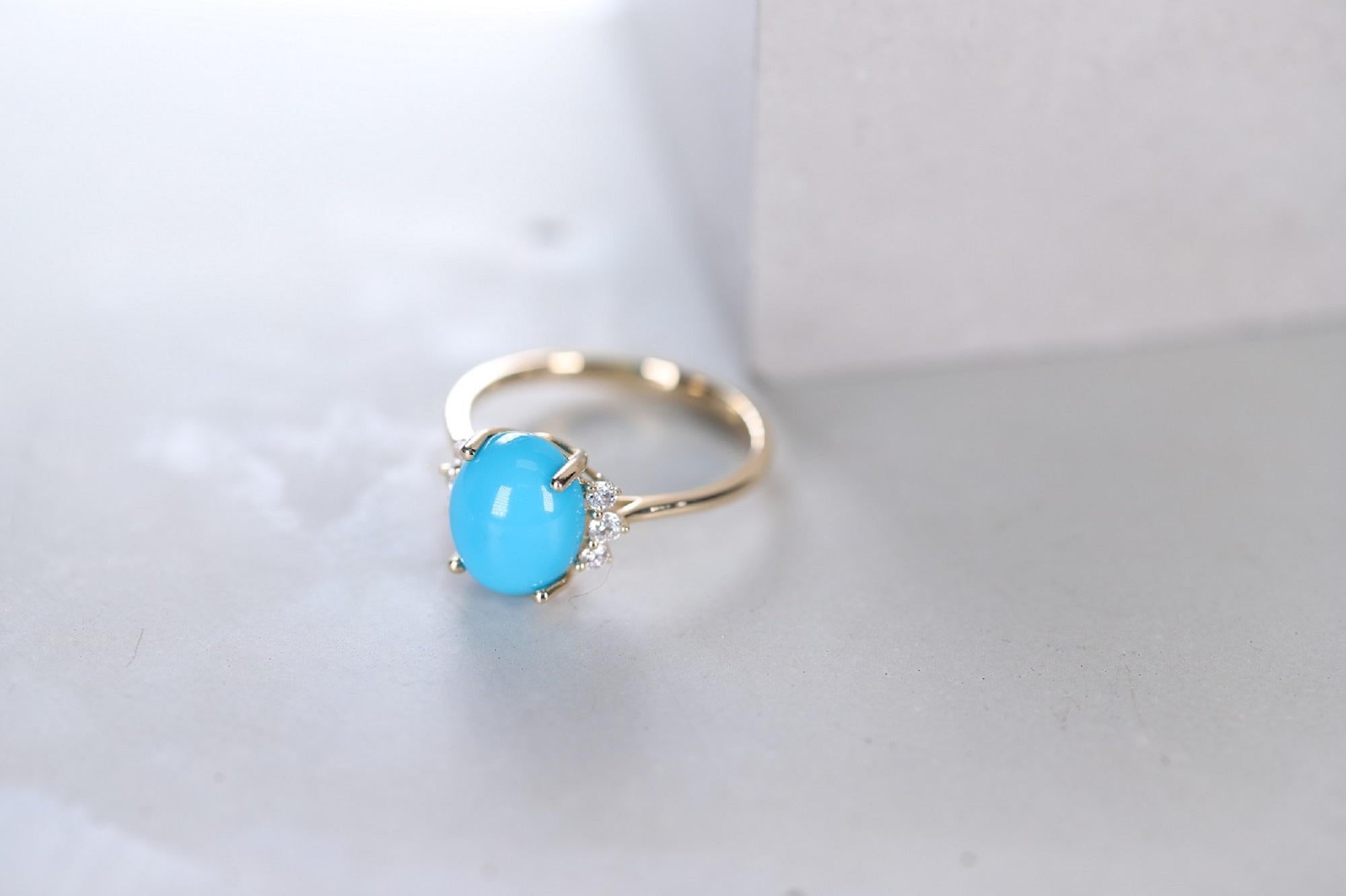 Stunning, timeless and classy eternity Unique Ring. Decorate yourself in luxury with this Gin & Grace Ring. The 14k Yellow Gold jewelry boasts Oval-cab Prong Setting Turquoise (1 pcs) 2.97 Carat, along with Round cut White Diamond (6 Pcs) 0.15 Carat