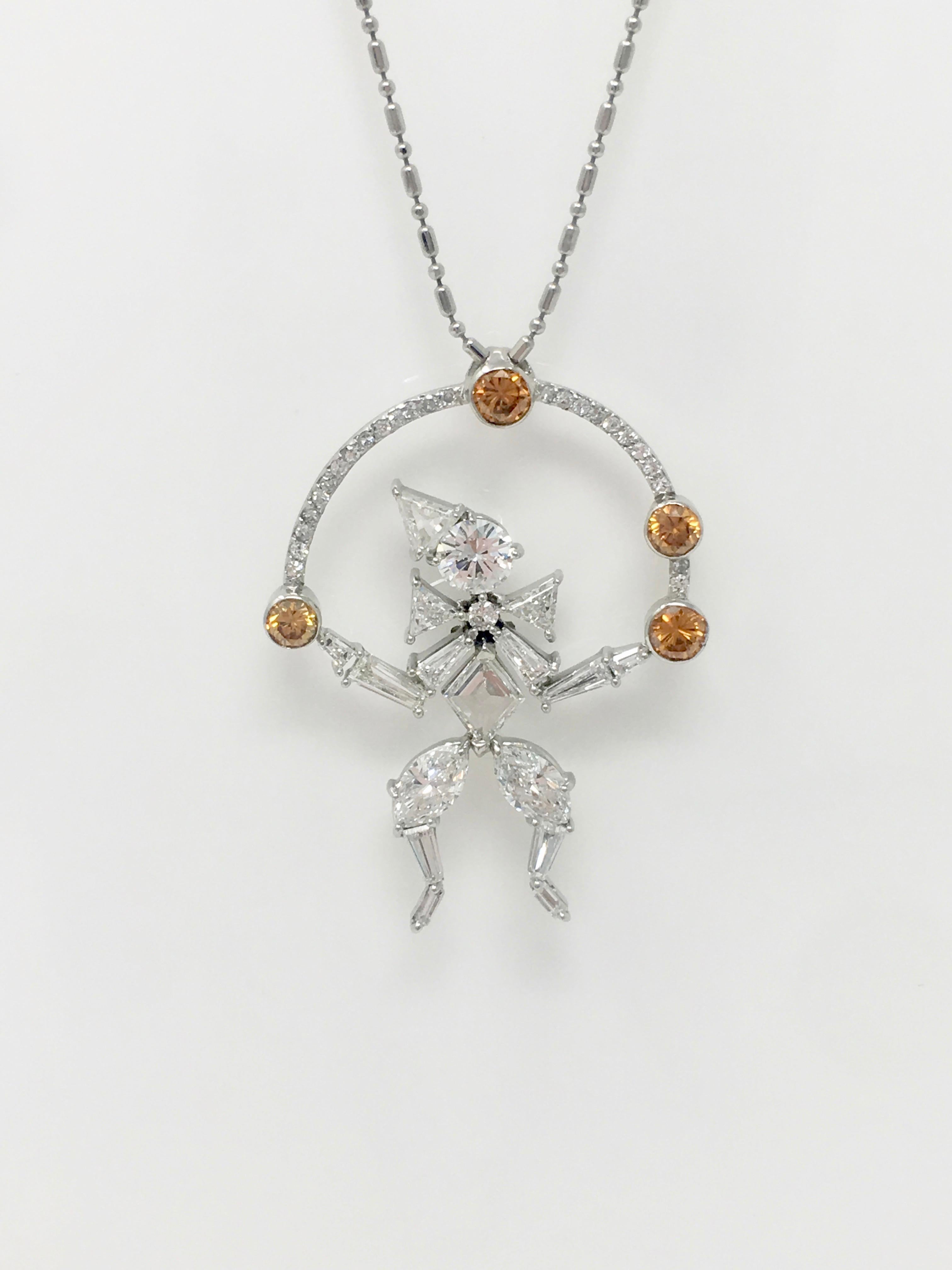 Contemporary 2.97 Carat White And Brown Diamond Juggling Clown Necklace In Platinum. For Sale