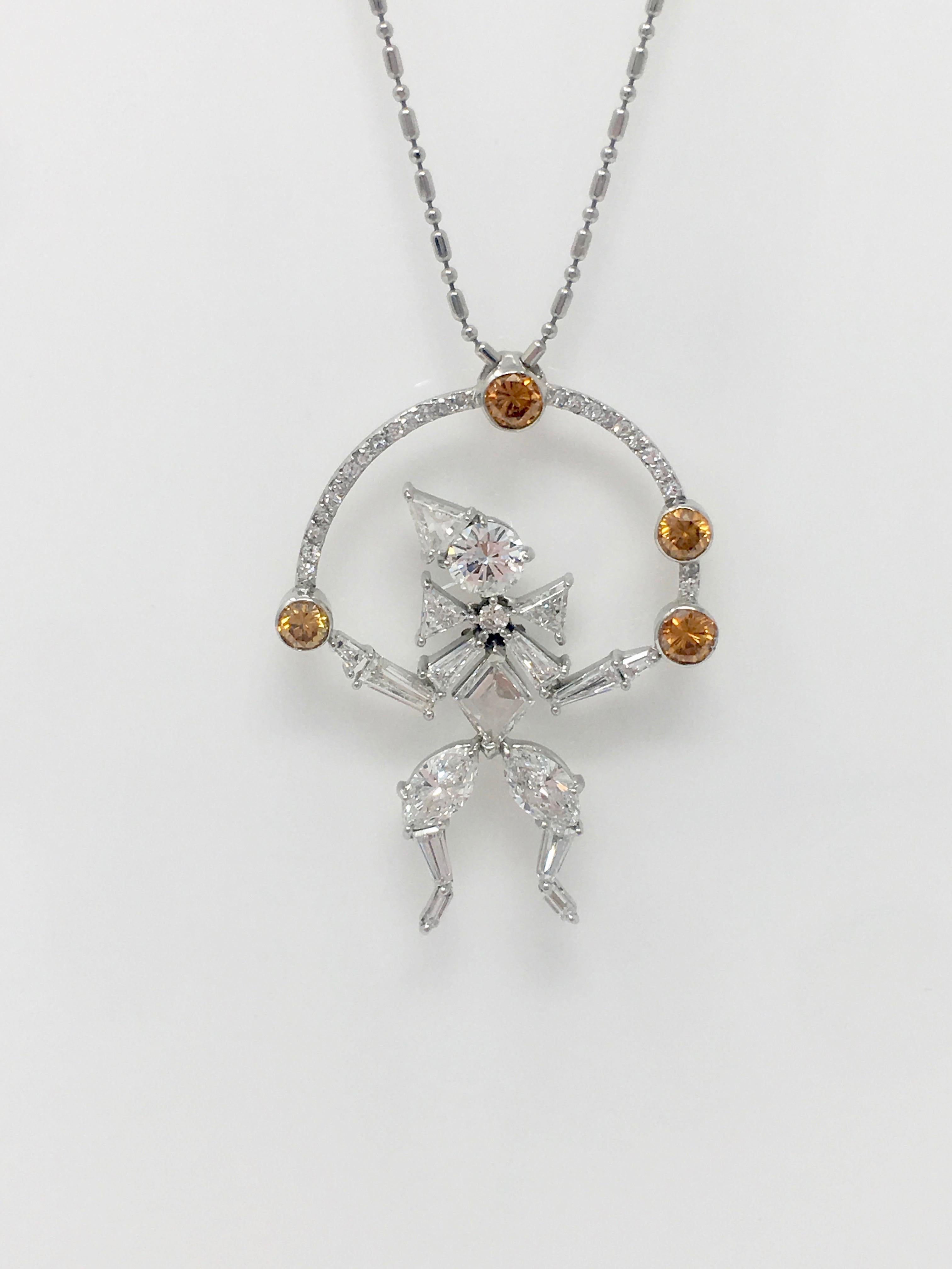 Round Cut 2.97 Carat White And Brown Diamond Juggling Clown Necklace In Platinum. For Sale