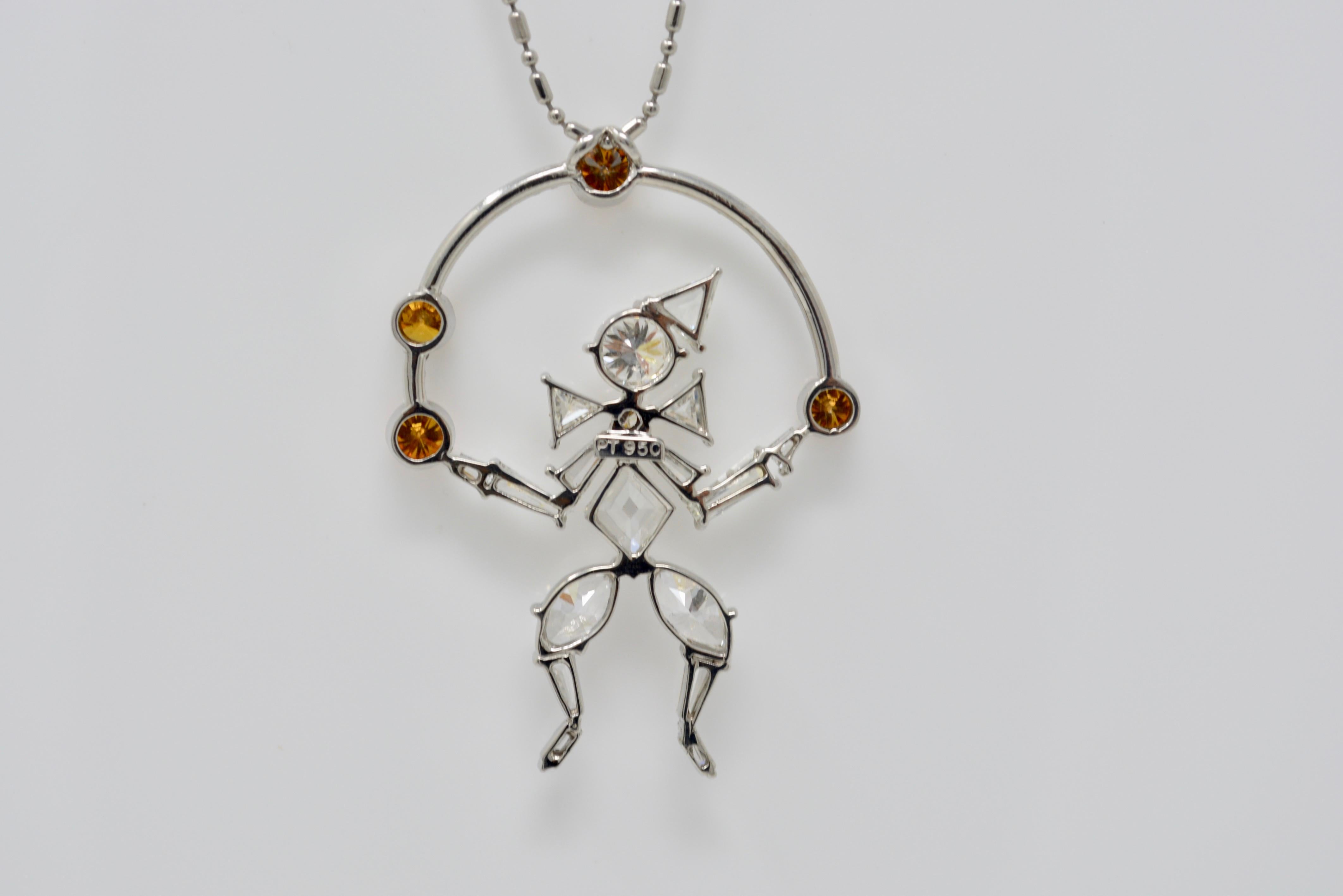 Round Cut 2.97 Carat White and Brown Diamond Juggling Clown Necklace in Platinum For Sale