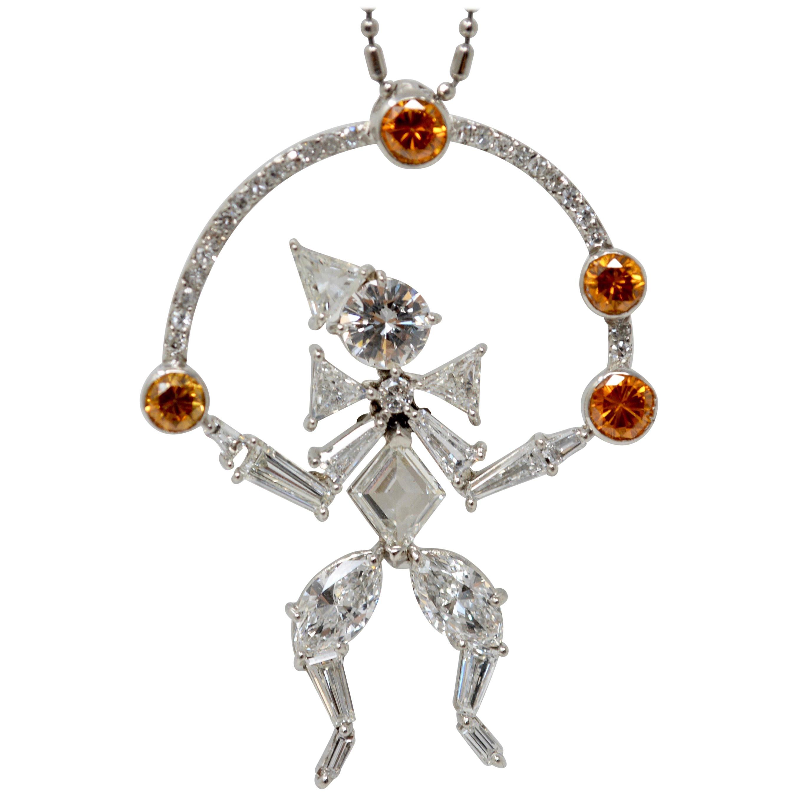 2.97 Carat White And Brown Diamond Juggling Clown Necklace In Platinum. For Sale