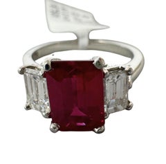 2.97 ctw Mid-Century Burmese Ruby & Diamond Platinum Three-Stone Ring