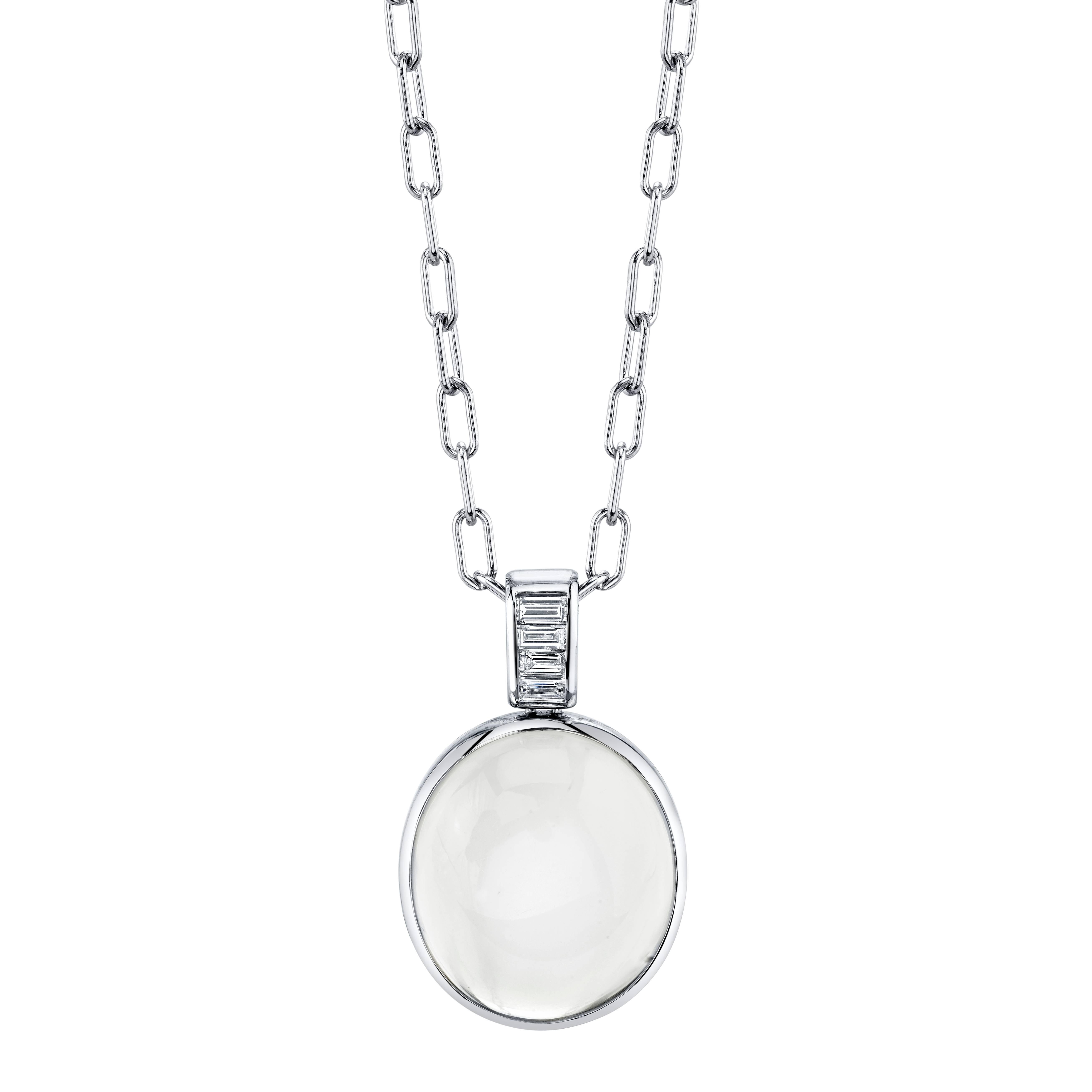 29.72 Carat Oval Moonstone and Diamond 18k White Gold Pendant Necklace