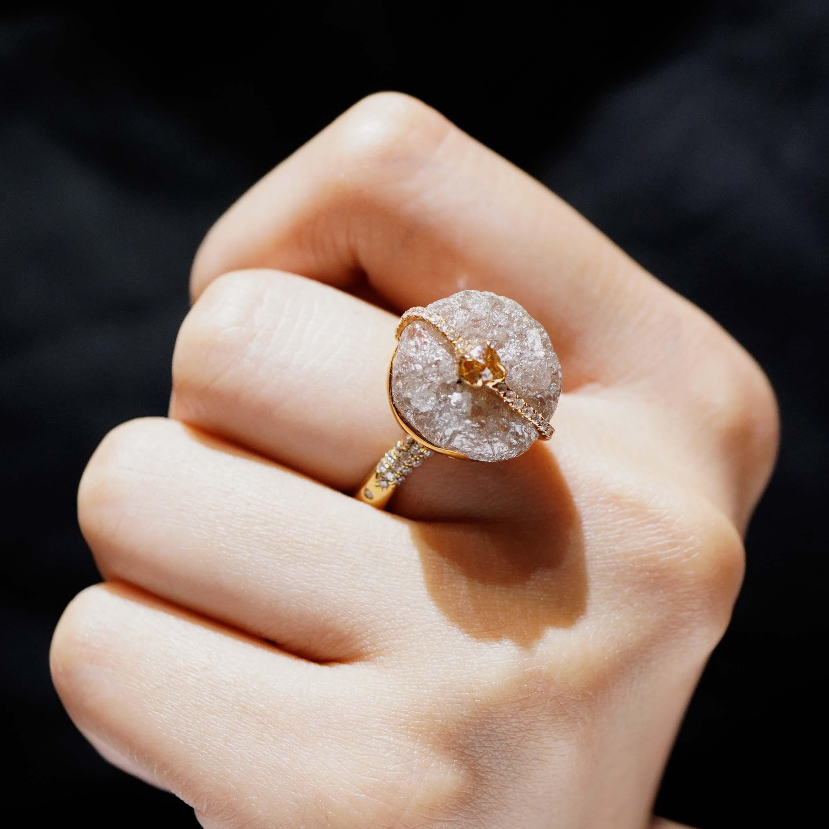 Art Nouveau 29.76 Carat 'Asteroid' Rough Diamond Embedded 0.45 Carat Orange Diamond Ring